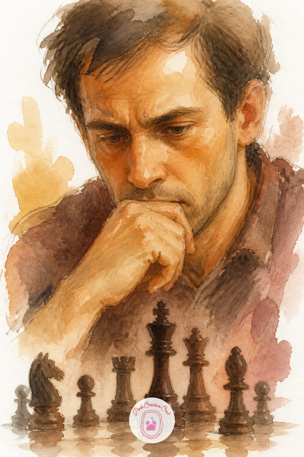 Chess Player Lost in Thought — Start with his hand resting against his chin, since that single gesture does more to show deep thought than any amount of detail