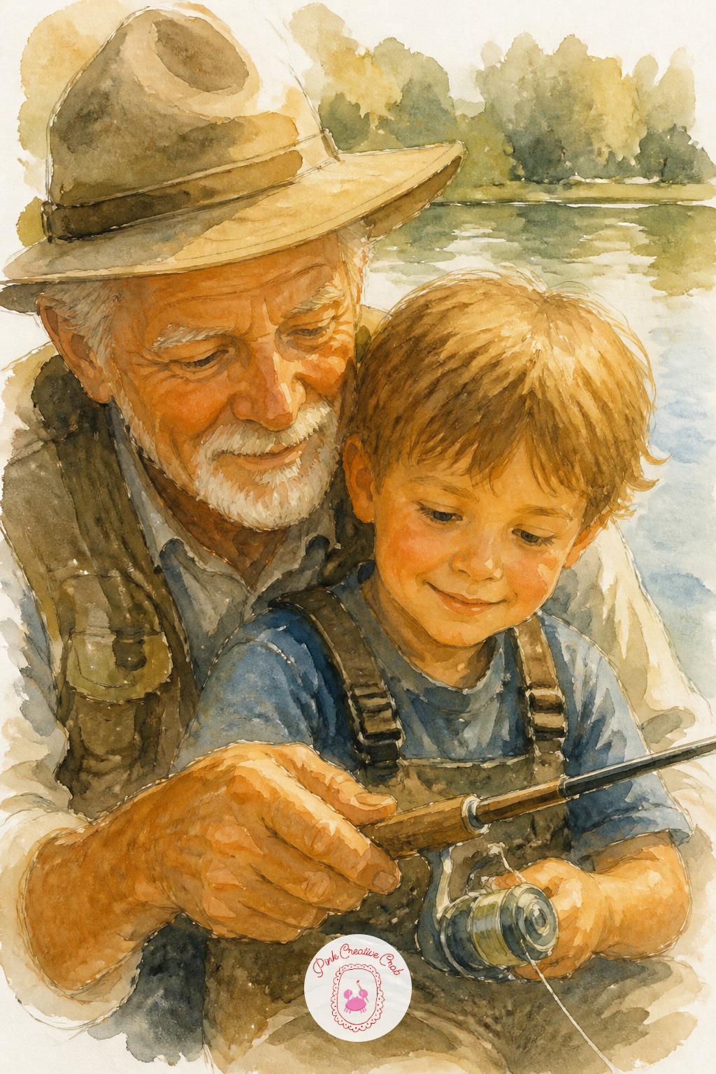 Grandfather Teaching a Child to Fish — Two heads in one frame means an extra proportion check: line up the child's eyes with roughly the grandfather's chin