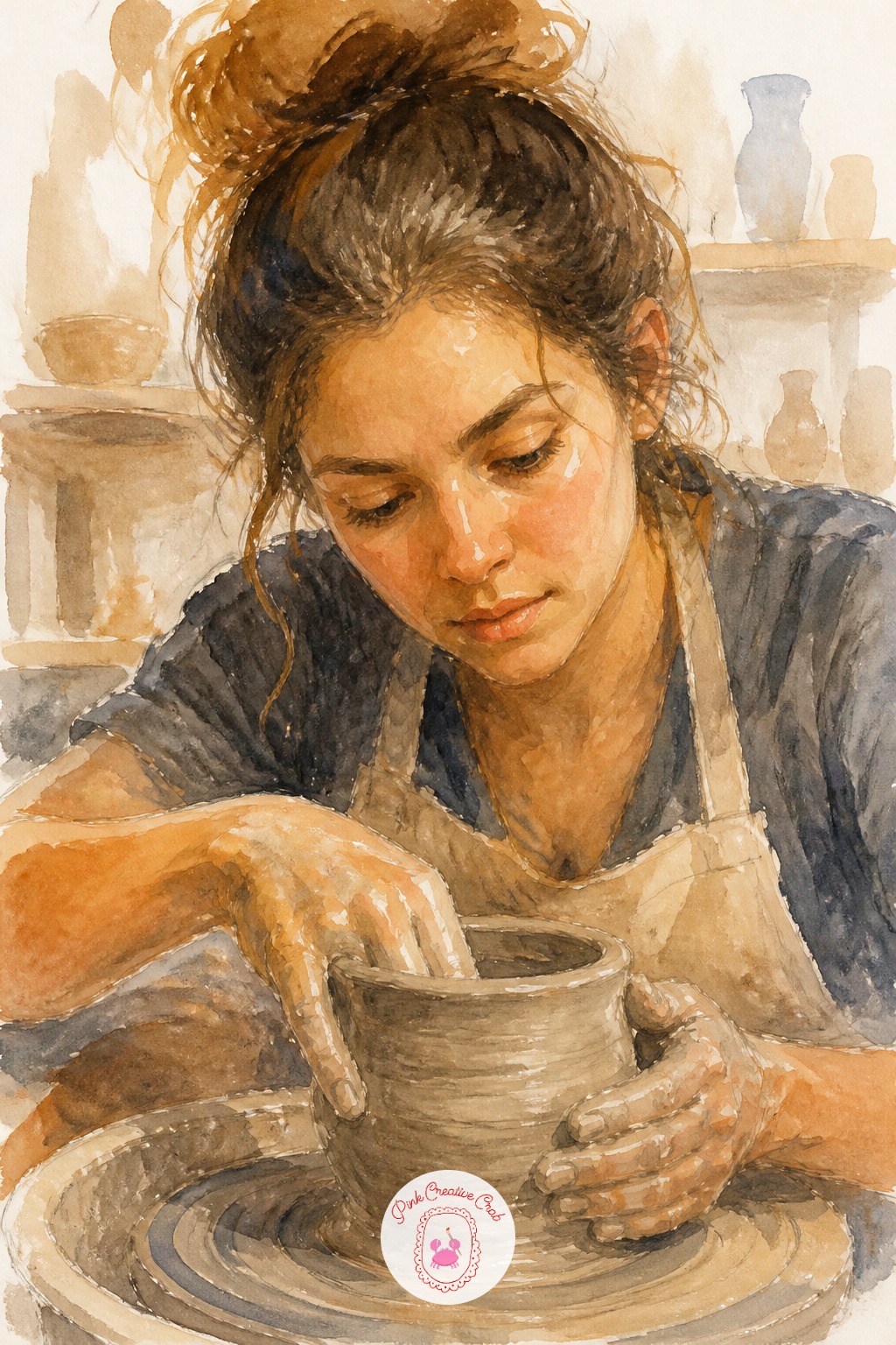 Potter at the Wheel — The usual mistake here is painting the clay pot too solid and symmetrical, which looks stiff next to a loose watercolor face. Sketchbook