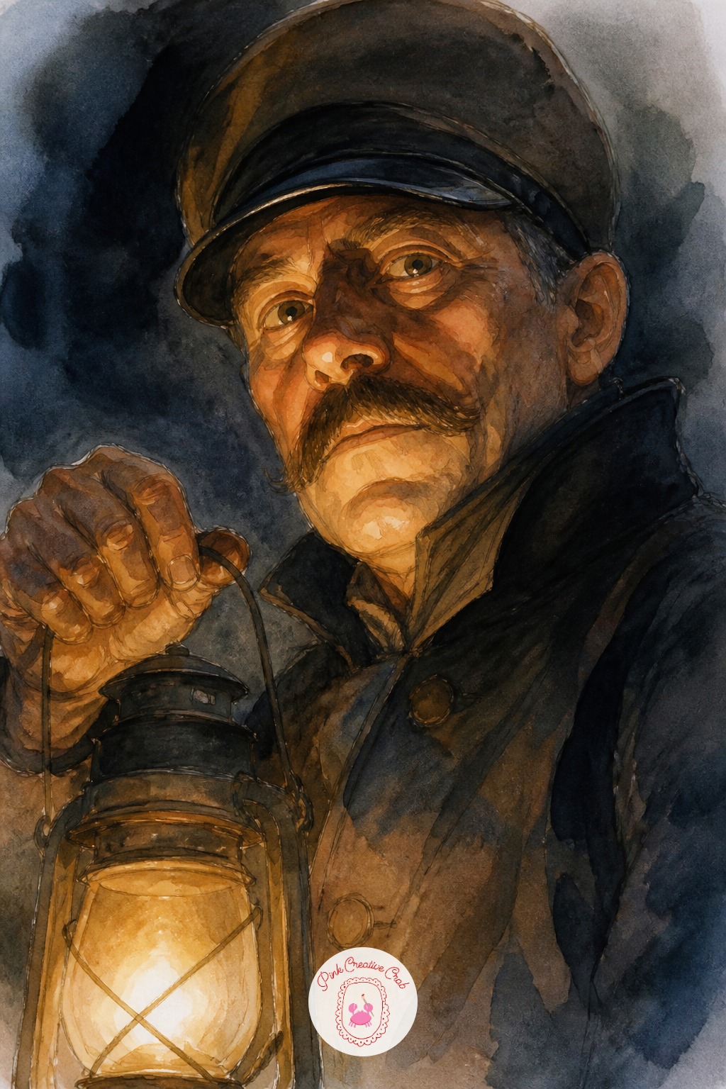 Night Watchman by Lamplight — Only one light source here, a hand lantern held low, and that changes the whole shadow pattern on his face. Sketchbook portrait