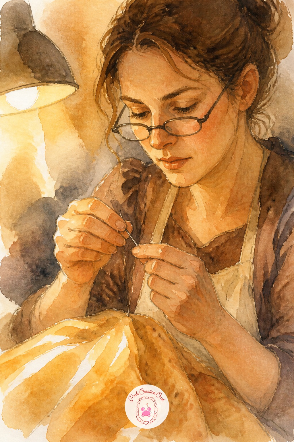 Seamstress Threading a Needle — Ten minutes gets the gesture: head tilted close to the hands, a thin pencil line for the thread, a quick wash of fabric color