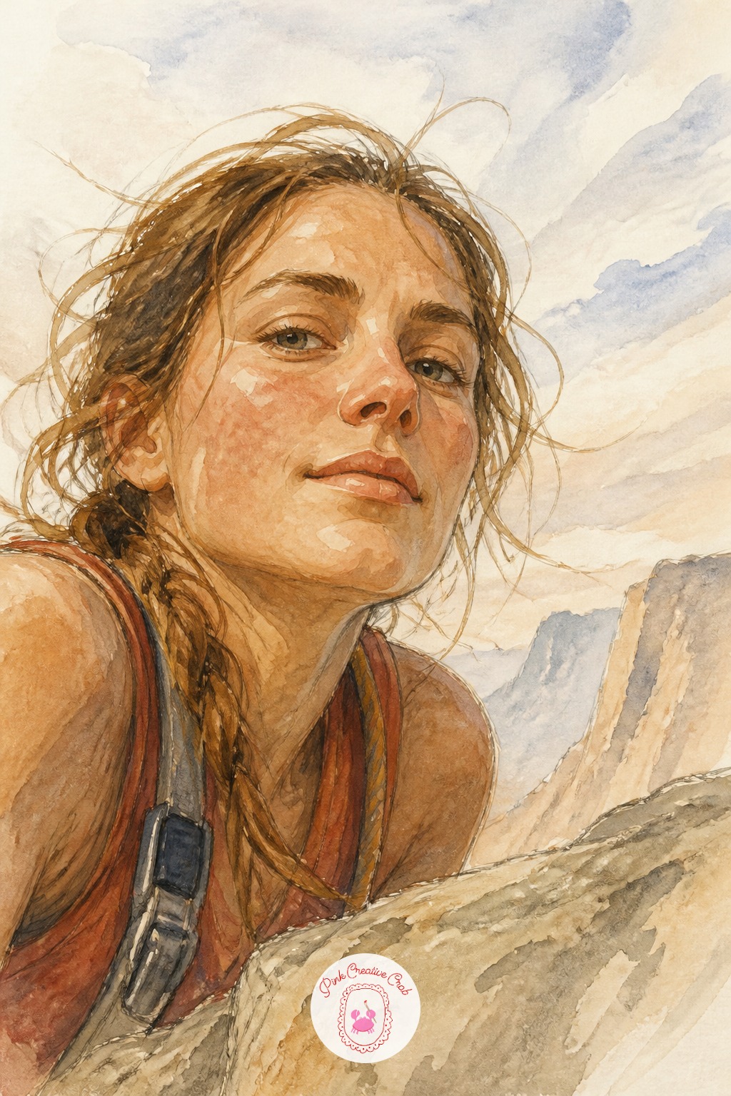 Climber Resting on a Ledge — Eye level shifts dramatically here: looking up at her from below makes her jaw and chin dominate the shape while her forehead