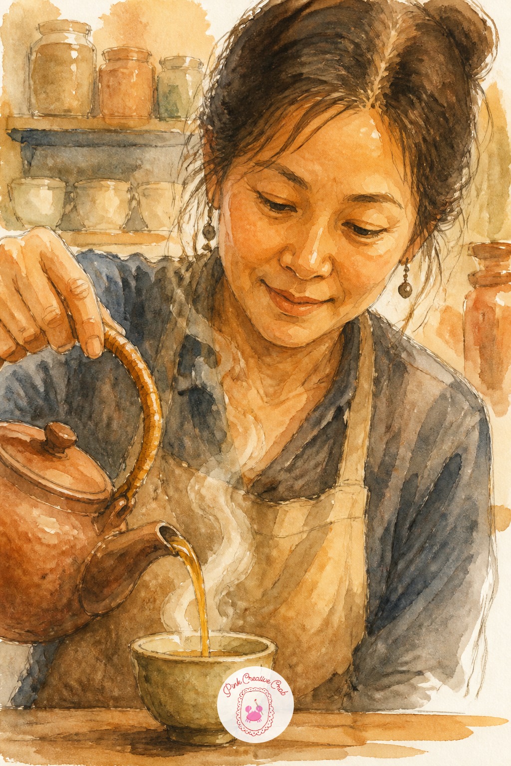 Tea Shop Owner Pouring Tea — Steam again, but handled differently this time: paint it as one continuous upward curl rather than scattered dots, since a single