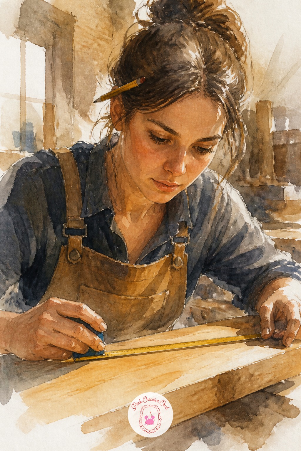 Carpenter Measuring a Plank — Measure her outstretched arm against the plank the same way you measure any figure: compare its length to the width of her