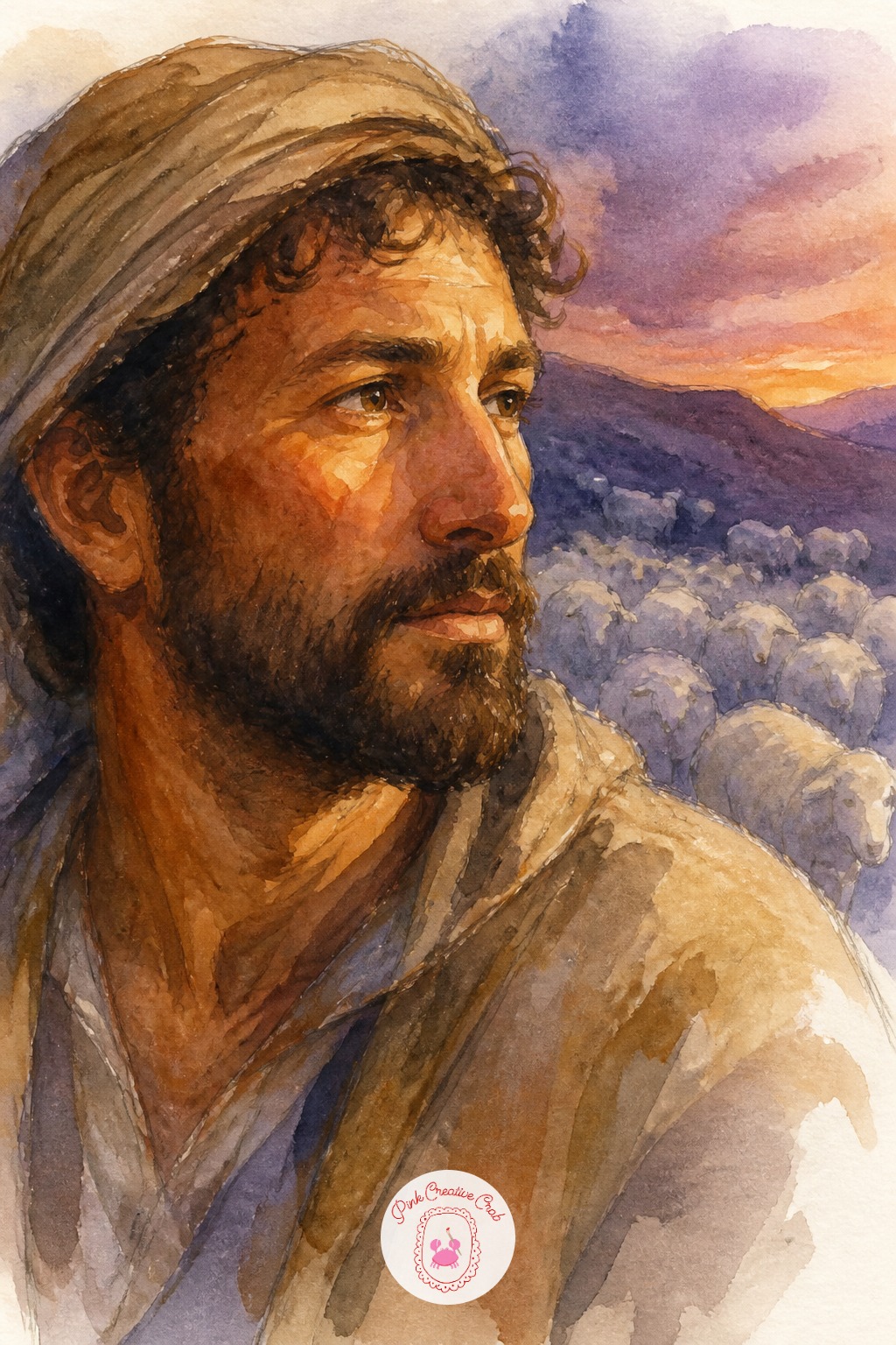 Shepherd Counting His Flock at Dusk — Compare his head height to the number of sheep shapes you plan to paint below him, since a crowd of detailed sheep will