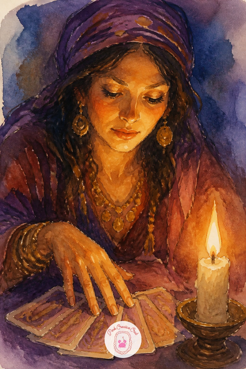 Fortune Teller Reading Cards by Candlelight — One small candle flame means a tight, warm pool of light surrounded by a lot of near-darkness, so decide the