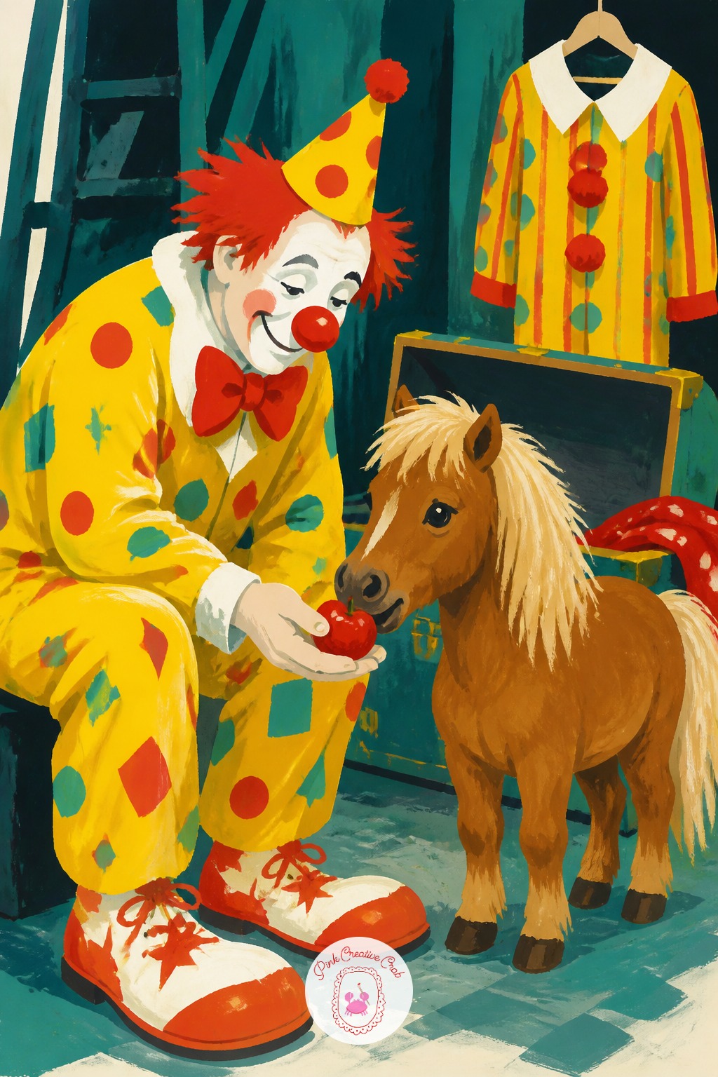 Clown Feeding A Pony Backstage — The usual mistake with a backstage scene is cramming in too much clutter behind the figures until the eye has nowhere to land.