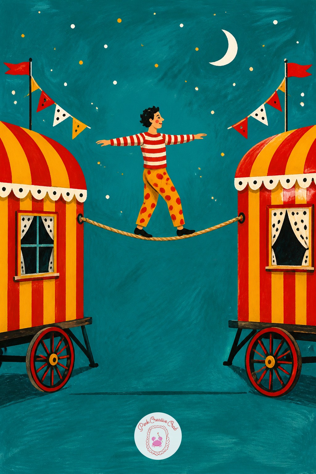 Acrobat Practicing On A Rope Between Caravans — Place the eye level low, right around the acrobat's waist, so both caravans lean slightly upward toward their