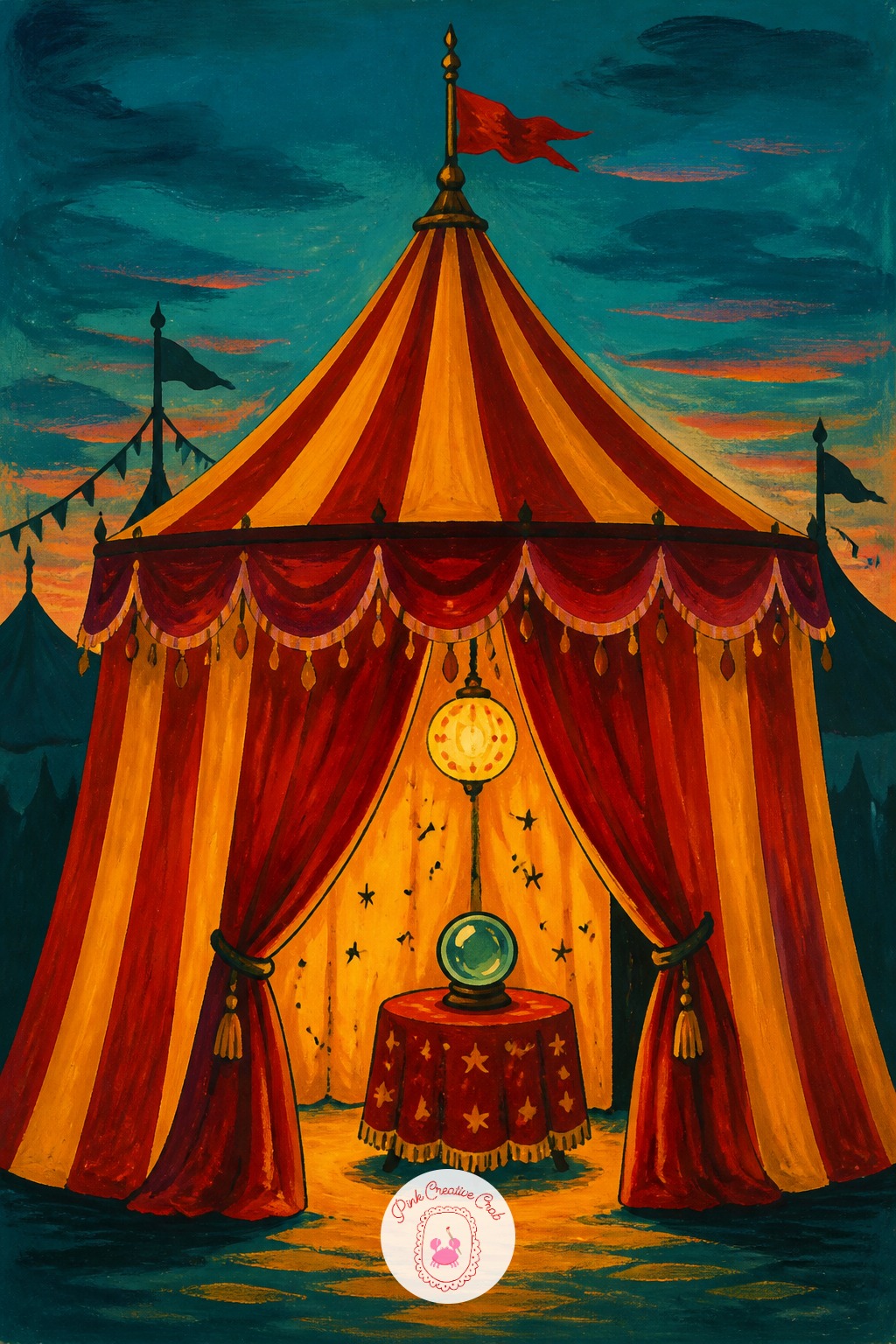 Fortune Teller's Striped Tent At Dusk — Reach for a flat wide brush for this one rather than a round, since the whole scene is built from broad striped bands