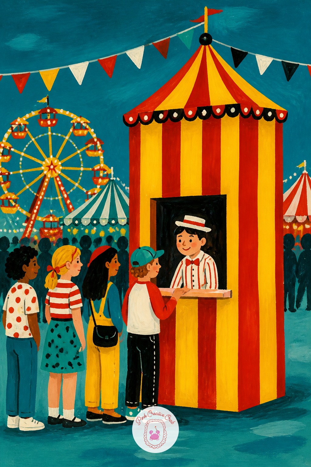 Ticket Booth With A Queue Of Fairgoers — Build this scene back to front: paint the striped ticket booth first as a tall flat rectangle, then the small queue of