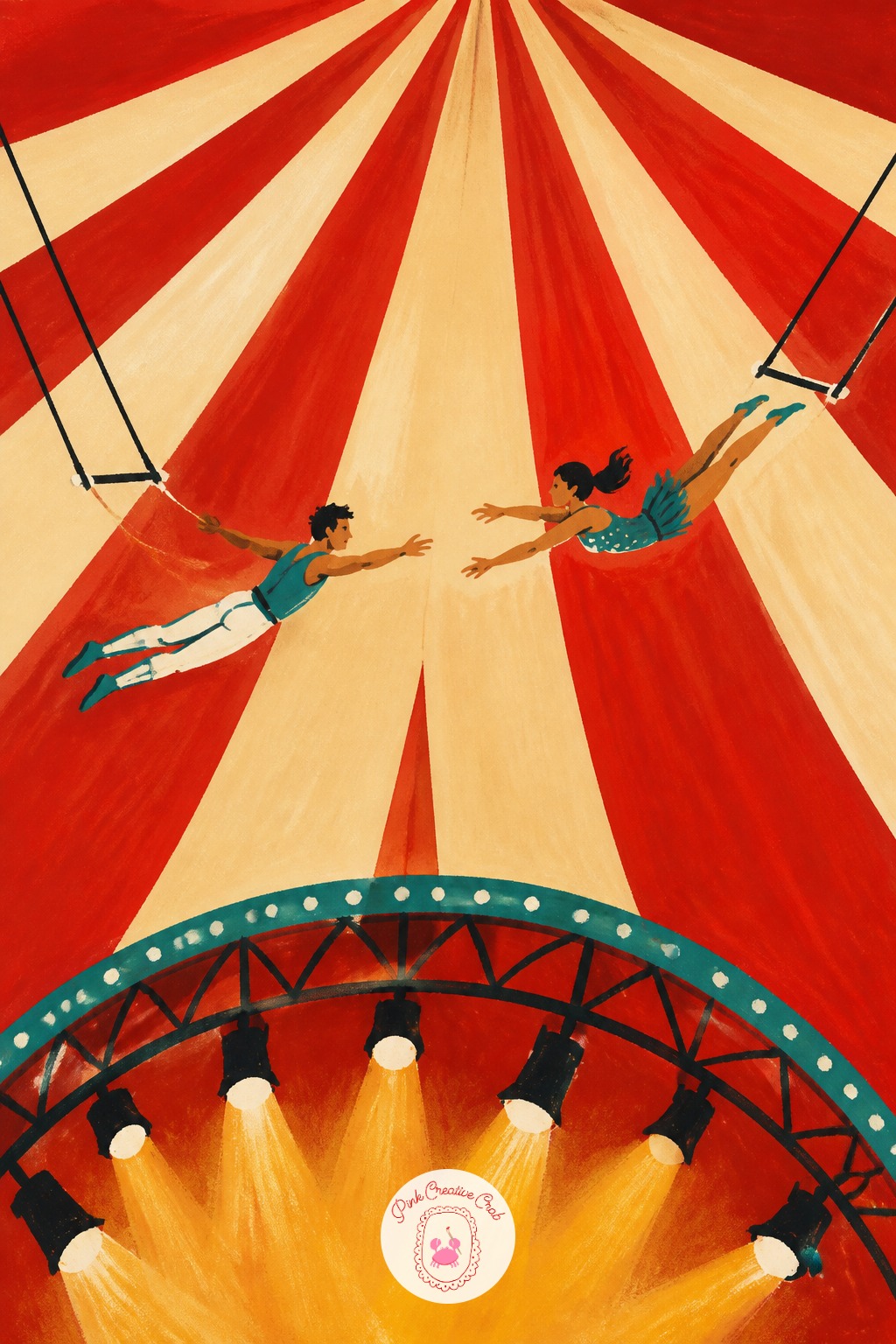 Trapeze Pair Mid Swing Under The Big Top — Light source decides everything in a big top scene: set it as a single warm spotlight from below, which throws the