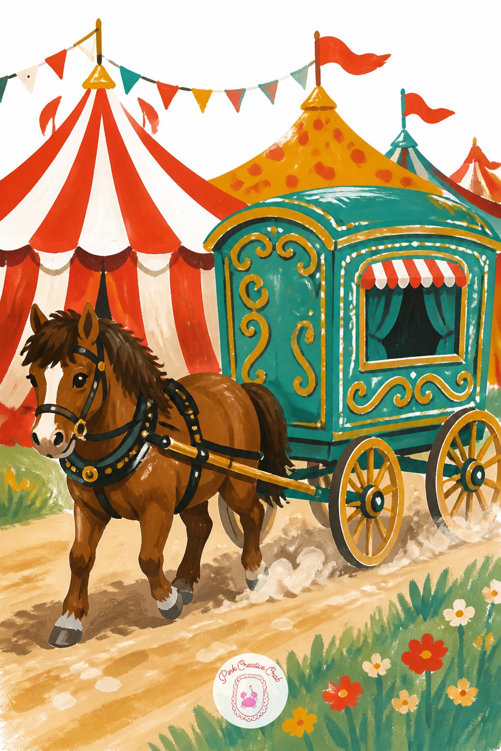 Pony Pulling A Painted Wagon Through The Fairgrounds — Keep the wagon wheels as true circles from the start, drawn lightly before any paint, since an oval