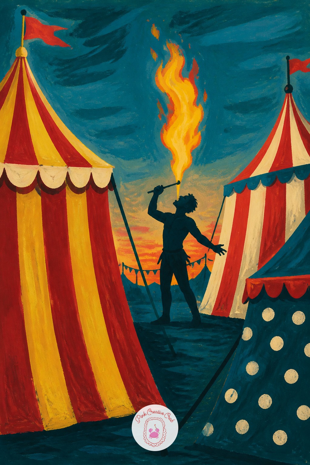 Fire Eater Practicing Behind The Tents — Reach for a small round brush for the flame itself, since fire needs soft tapering edges that a flat brush cannot
