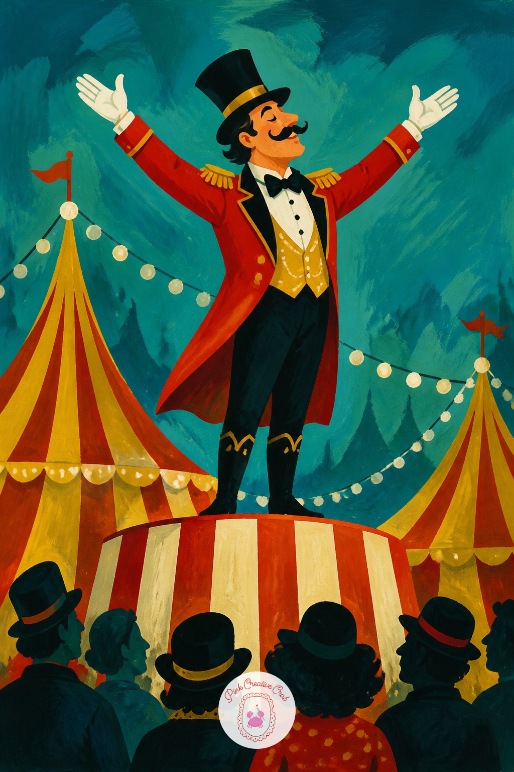 Ringmaster Announcing From A Striped Podium — Ten minutes gets a flat, graphic version: the ringmaster's red coat and tall hat painted as simple blocky shapes