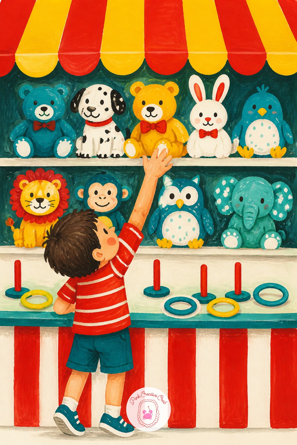 Child Choosing A Prize At The Ring Toss Stall — Start this scene with the row of prizes, since getting their silly, varied shapes right first makes everything