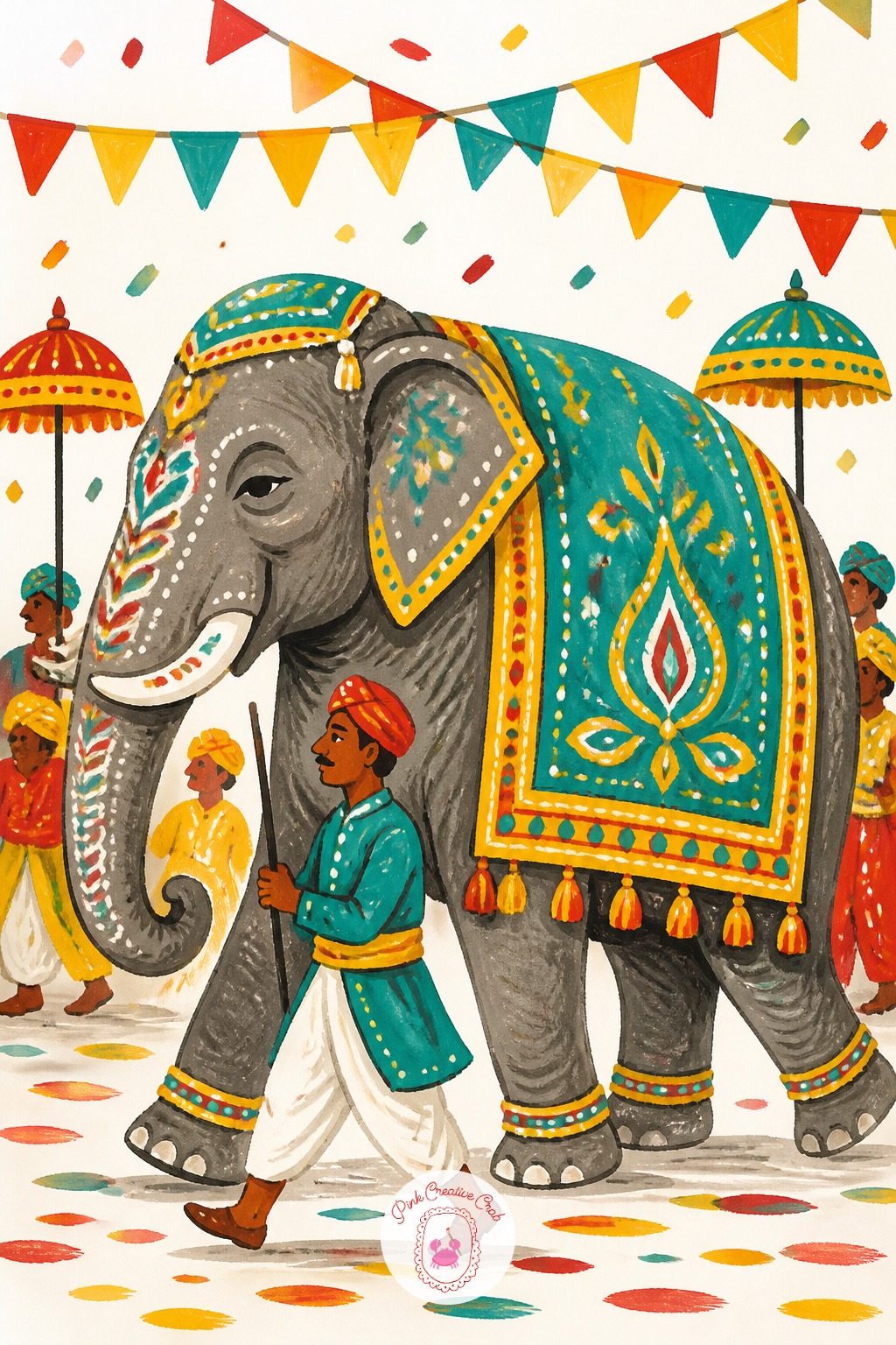 Elephant Walking In A Painted Parade Procession — Proportion check: an elephant's shoulder height should sit roughly level with a standing adult's head, and