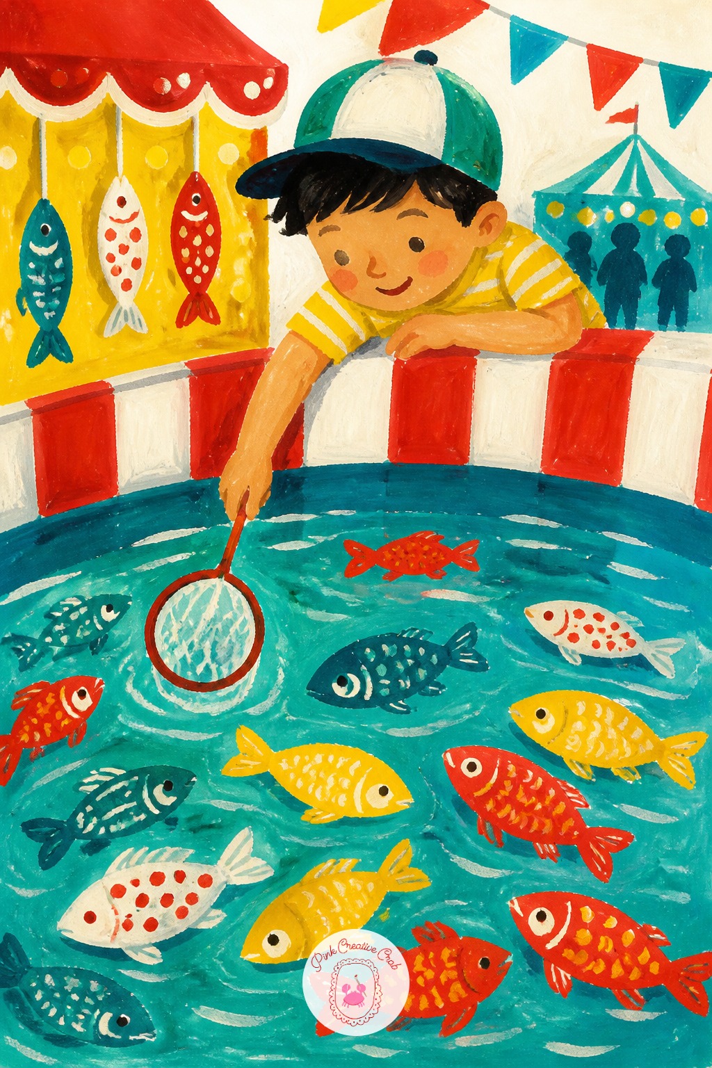 Fortune Fish Pond Game At The Edge Of The Fair — Edges make this scene work: lift a little color out of the water's surface with a damp clean brush right after