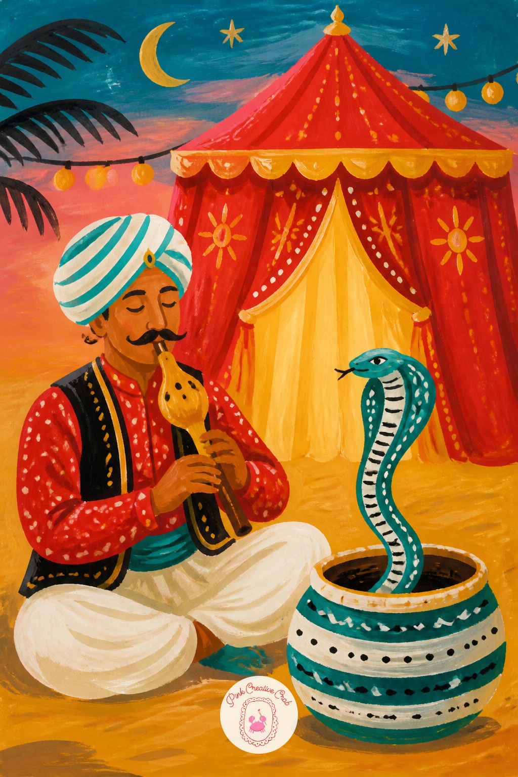 Snake Charmer's Basket By The Fortune Tent — Vary this one next time by swapping the basket's pattern from woven stripes to a solid color with a painted sun