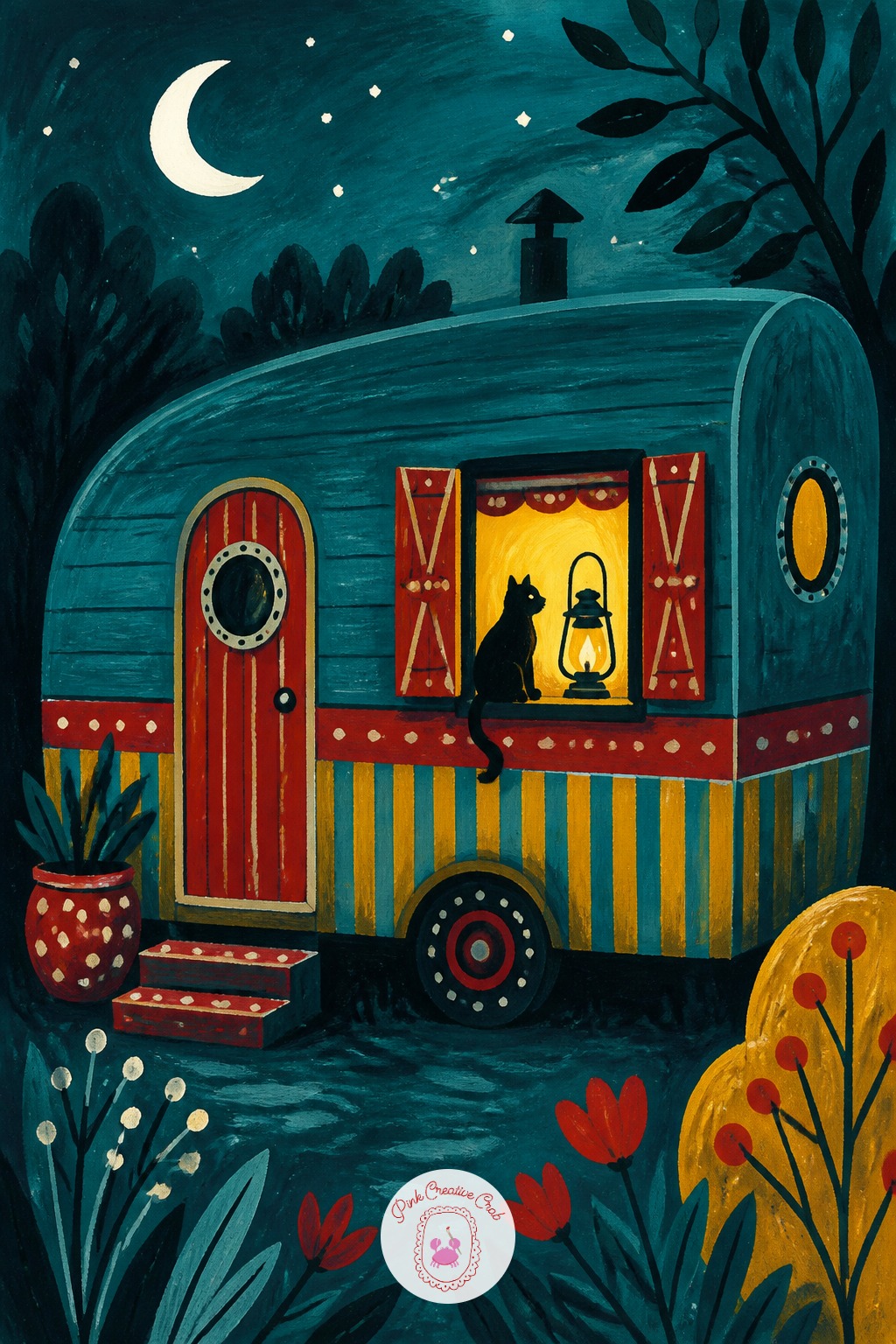 Caravan Window Glowing With Lantern Light — Light decides the whole mood here: keep every surface outside the caravan in flat, cool teal shadow, and let only