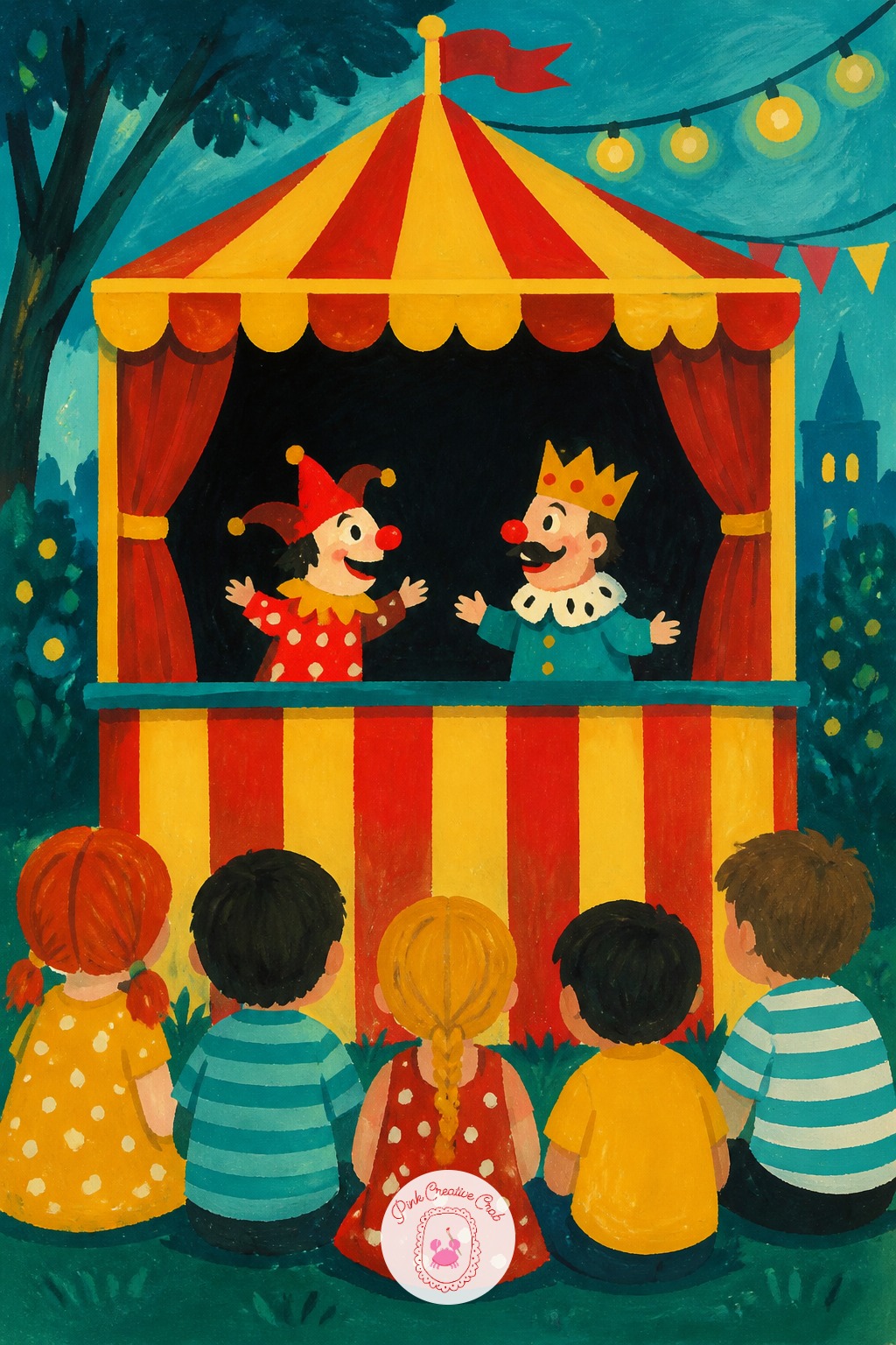 Puppet Show Booth With A Small Audience — Build the striped puppet booth as one flat rectangle with a dark rectangular stage opening cut into it, painted first