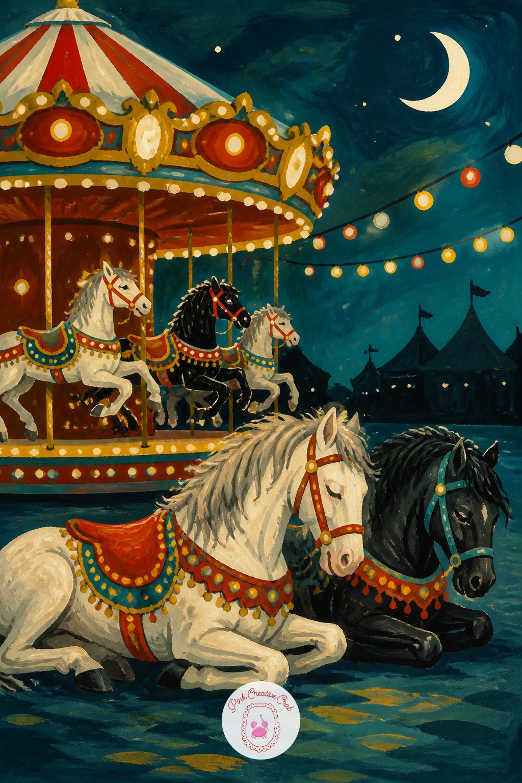 Painted Horses Resting Beside The Carousel At Night — The usual mistake with a resting carousel at night is painting it fully lit like daytime, which kills the