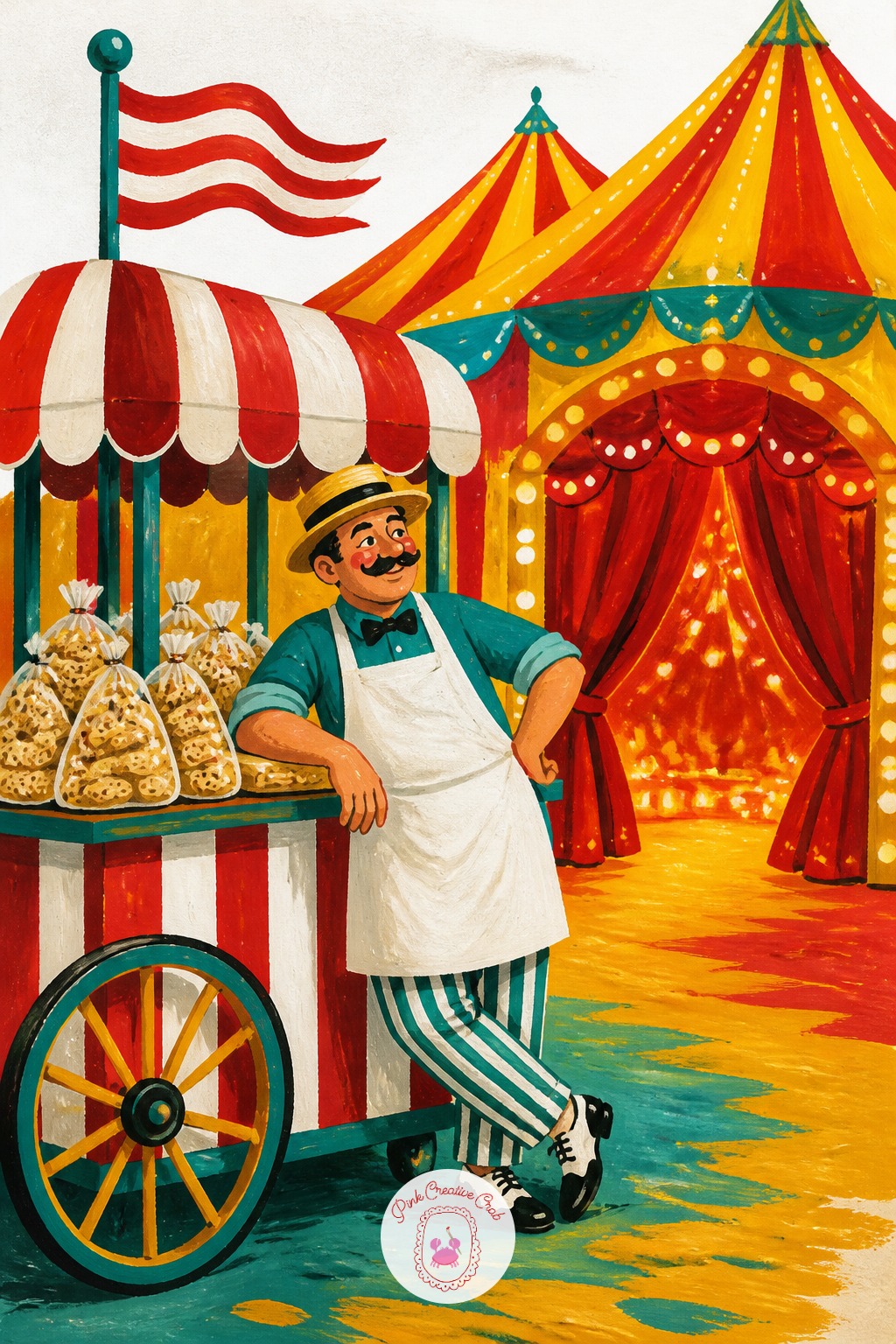 Peanut Vendor's Cart By The Big Top Entrance — Reach for the side of a short flat brush rather than the tip when painting the striped awning over this cart