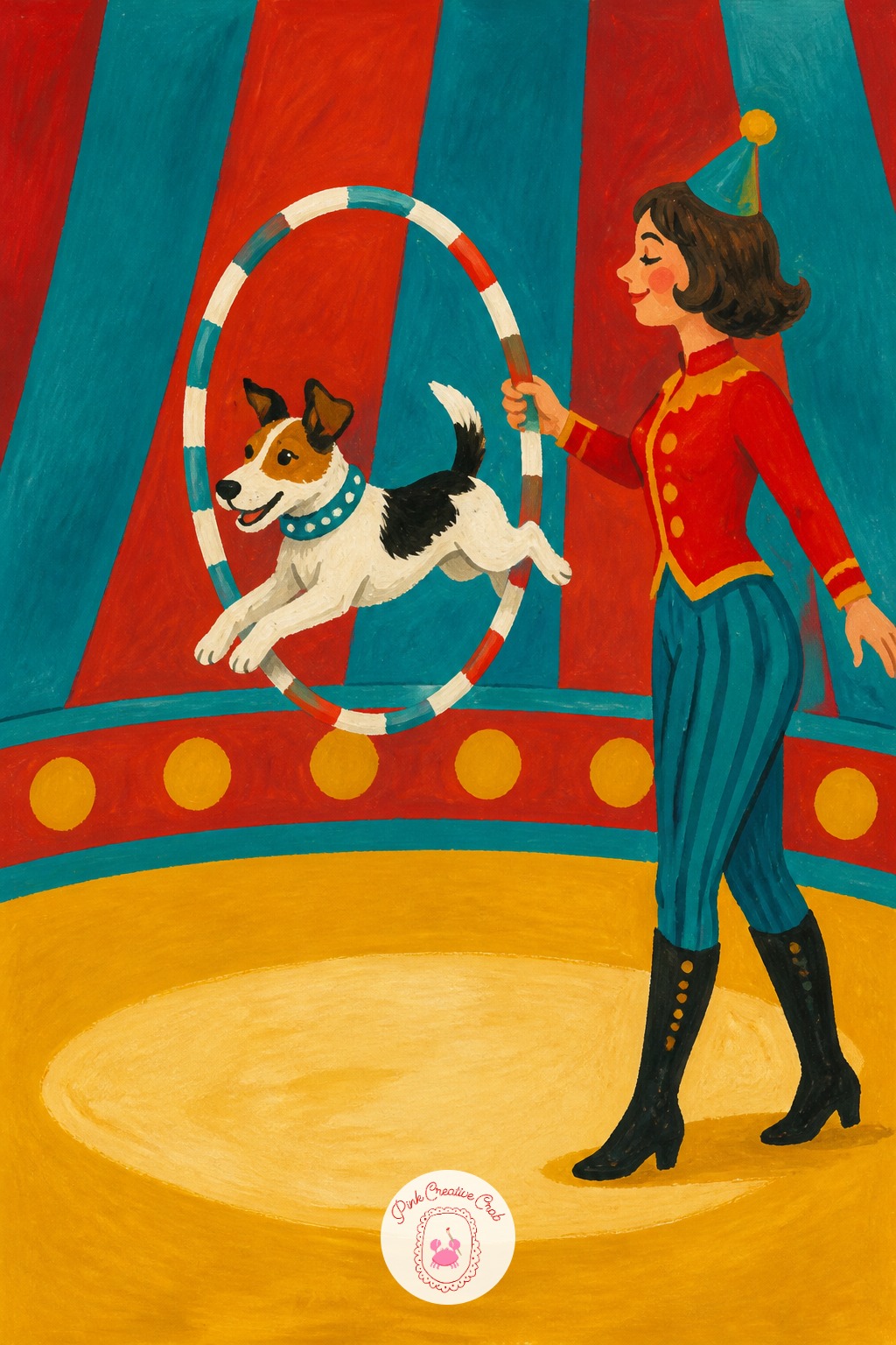 Dog Act Jumping Through A Painted Hoop — Keep the dog's body in a tight curved arc rather than straight, since a curved spine mid-jump is what sells the pose