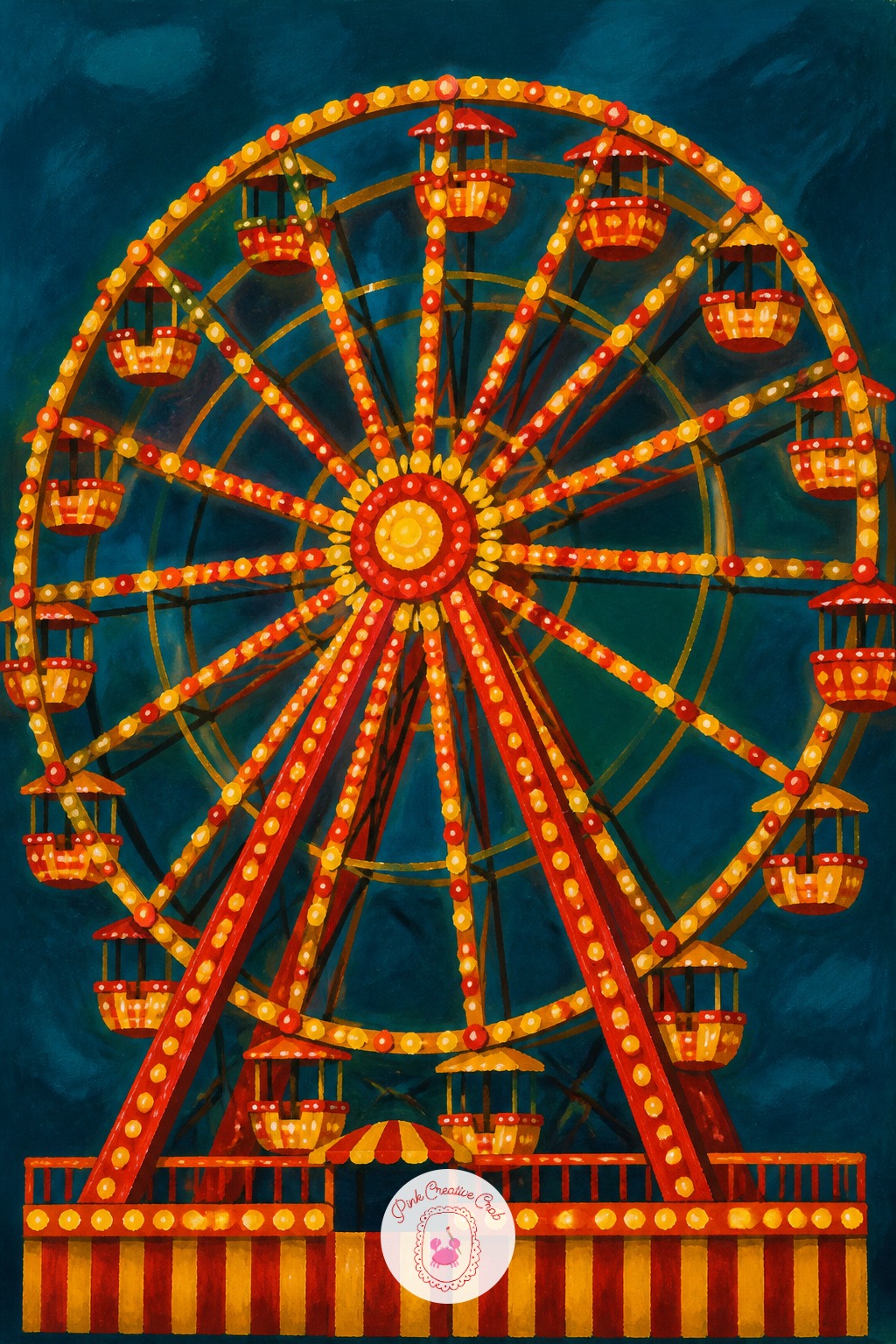 Night Fair Ferris Wheel Lit Against The Dark Sky — Build this scene from the outside in: paint the dark teal night sky first as a full flat wash covering the