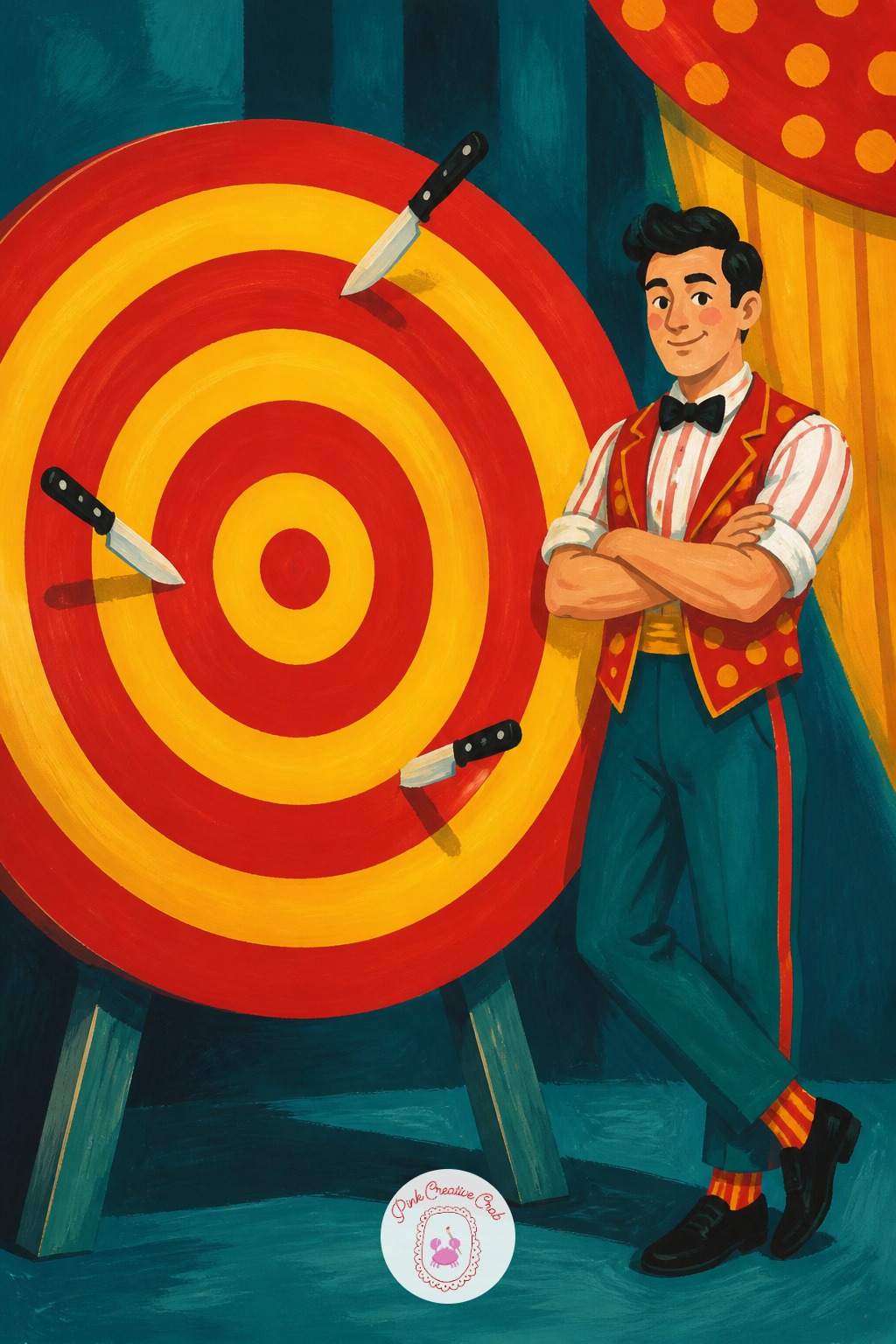 Knife Thrower's Target Board Backstage — Proportion check for the painted target: keep the outer ring roughly the height of the assistant figure standing
