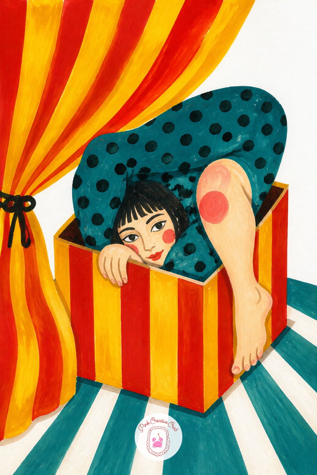 Contortionist Folded Inside A Small Striped Box — The usual mistake here is painting the contortionist's limbs as straight lines crammed into the box, which
