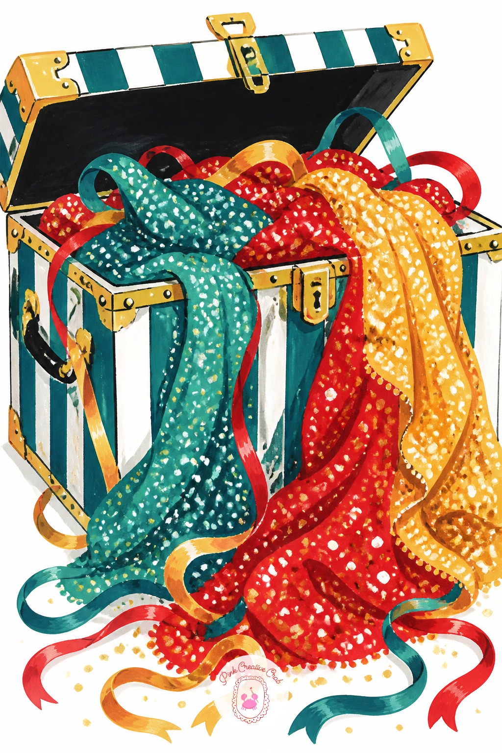 Costume Trunk Spilling Sequins And Ribbon Backstage — Mixing a genuinely saturated teal, red and gold together in one open trunk is the whole point of this