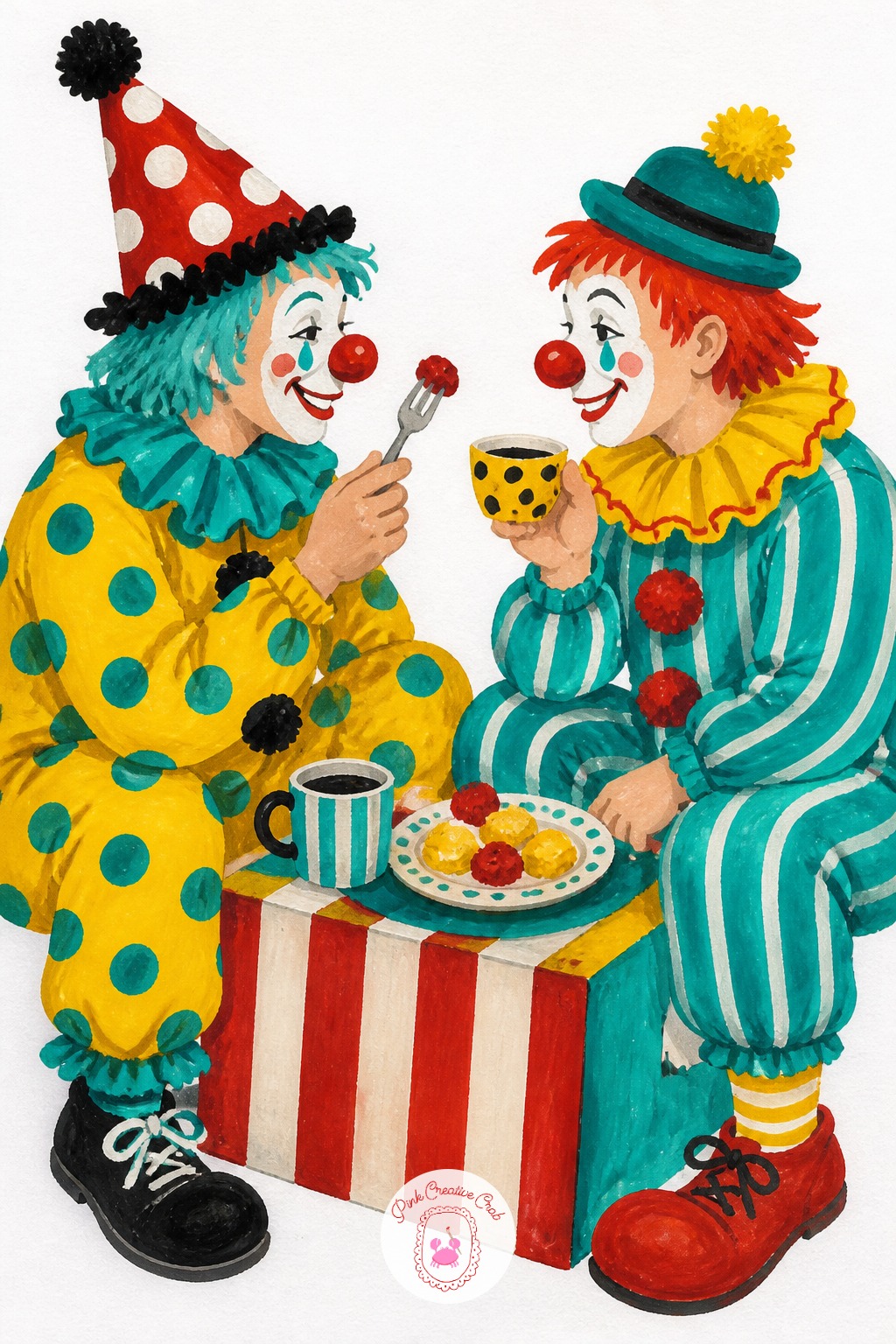 Two Clowns Sharing A Meal On An Upturned Crate — Keep both clowns roughly the same height and build, varying only their costume colors and hat shapes, which
