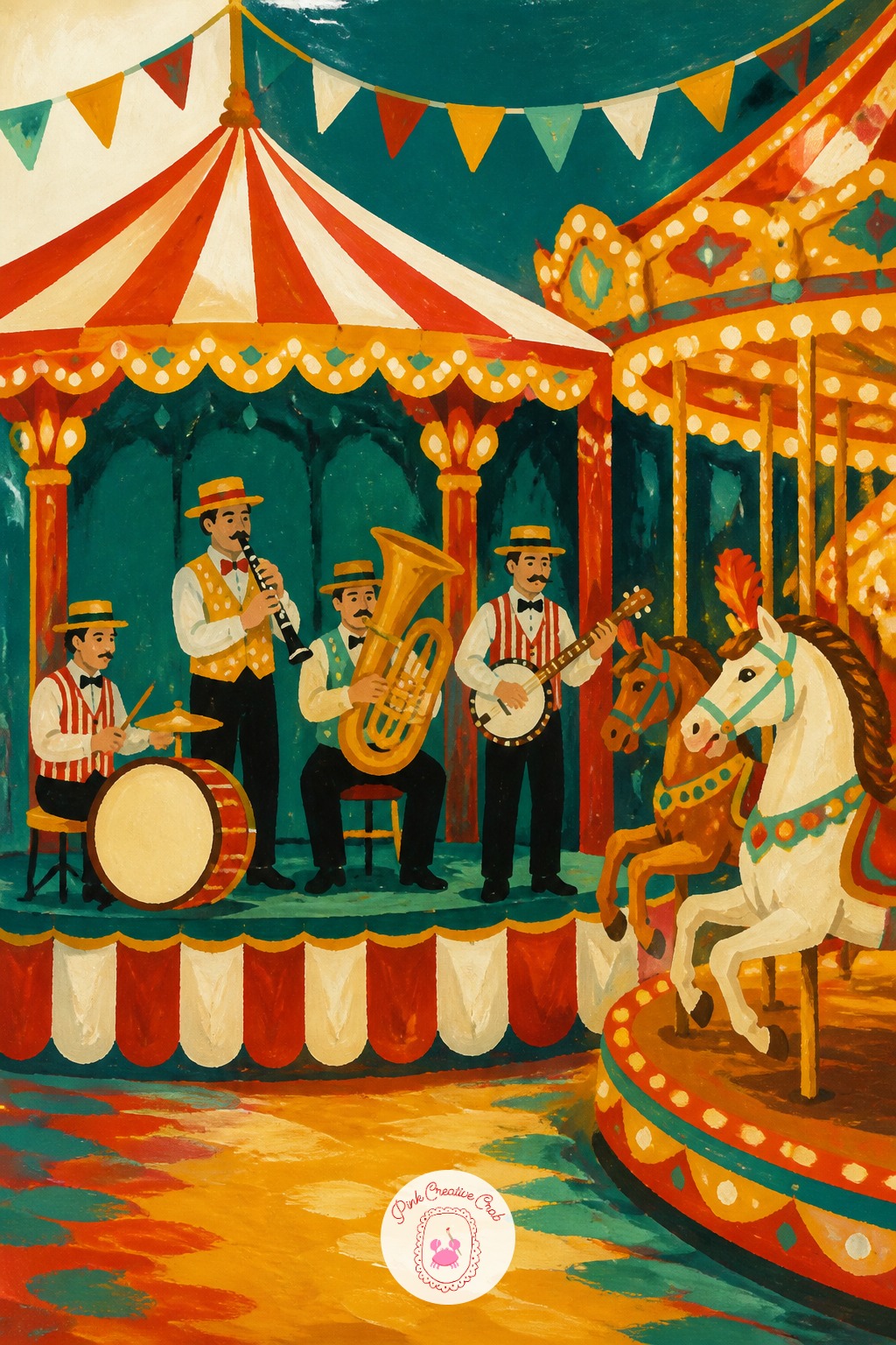 Fairground Band Playing By The Carousel — Build this busier scene in careful layers: the striped bandstand and instruments first, then each musician's