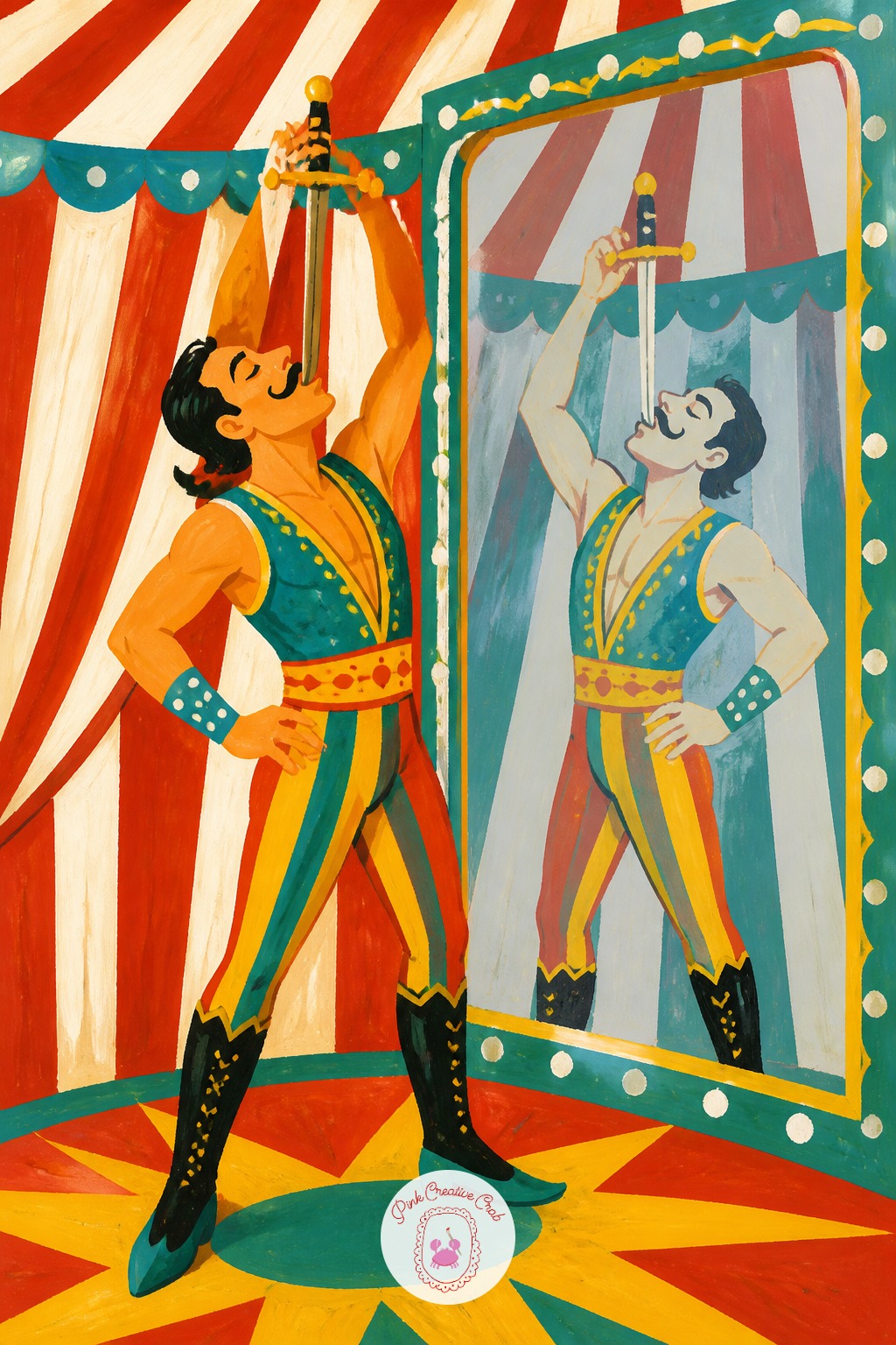 Sword Swallower Rehearsing In The Mirror Tent — Reach for a clean round brush and a little patience for the mirror itself, since a believable reflection needs