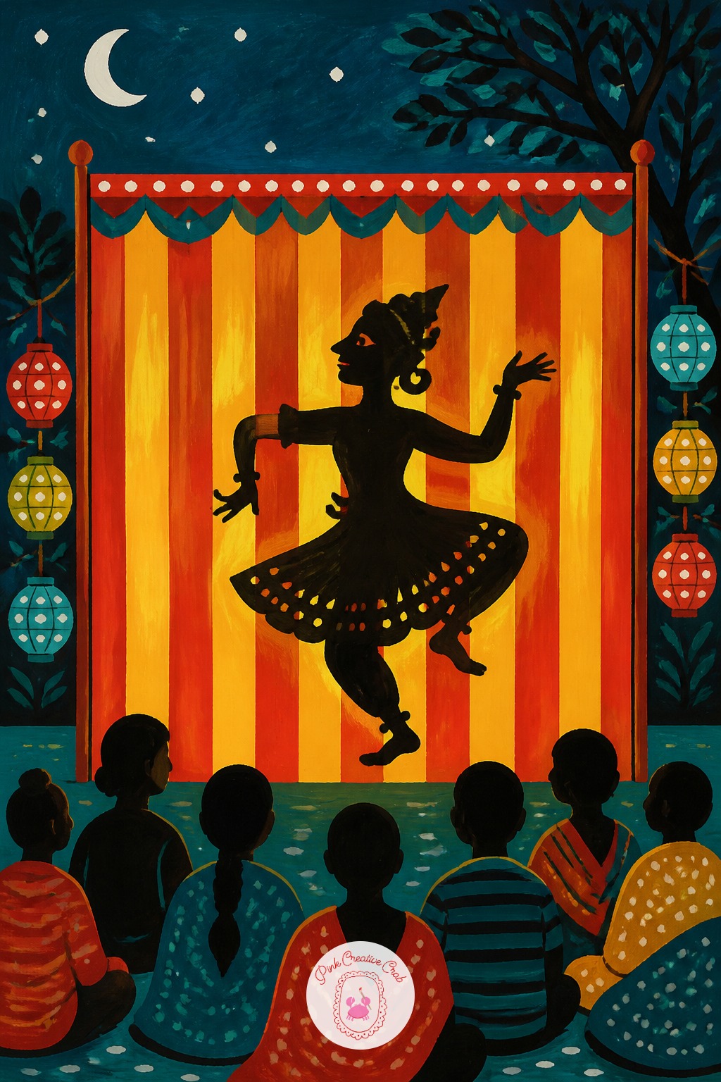 Shadow Puppet Scene Projected On A Striped Screen — This idea asks for the opposite of the saturated palette used everywhere else: paint the striped screen