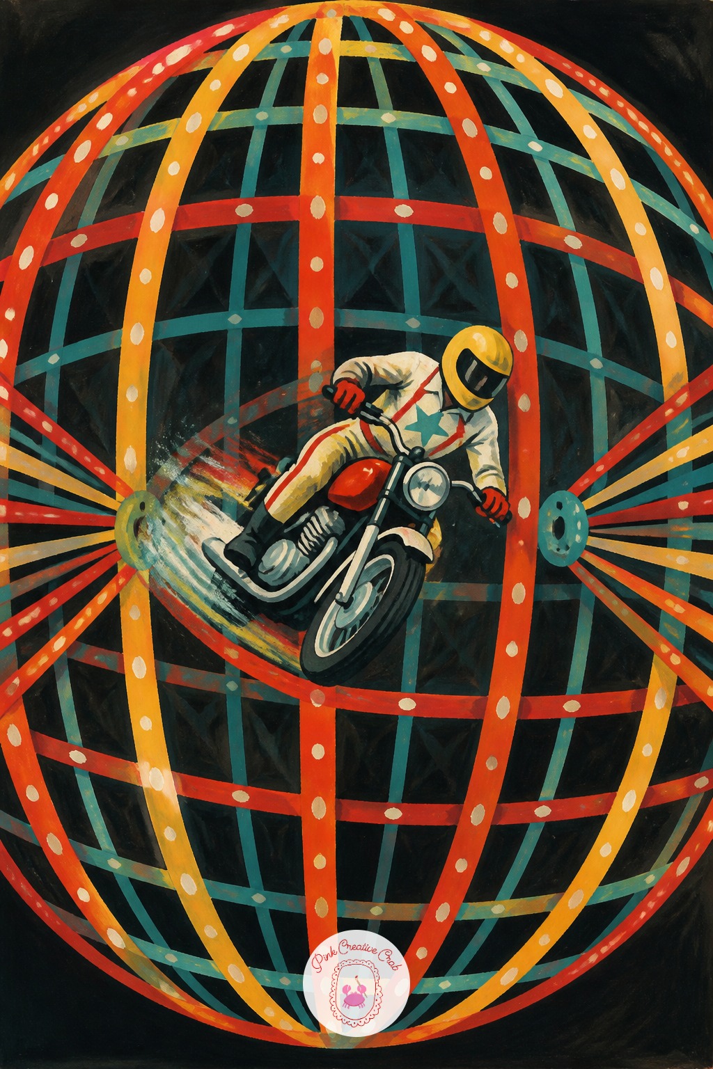 Vintage Motorbike Globe Act Spinning Inside Its Cage — Perspective carries this whole scene: set the eye level at the exact middle height of the spherical