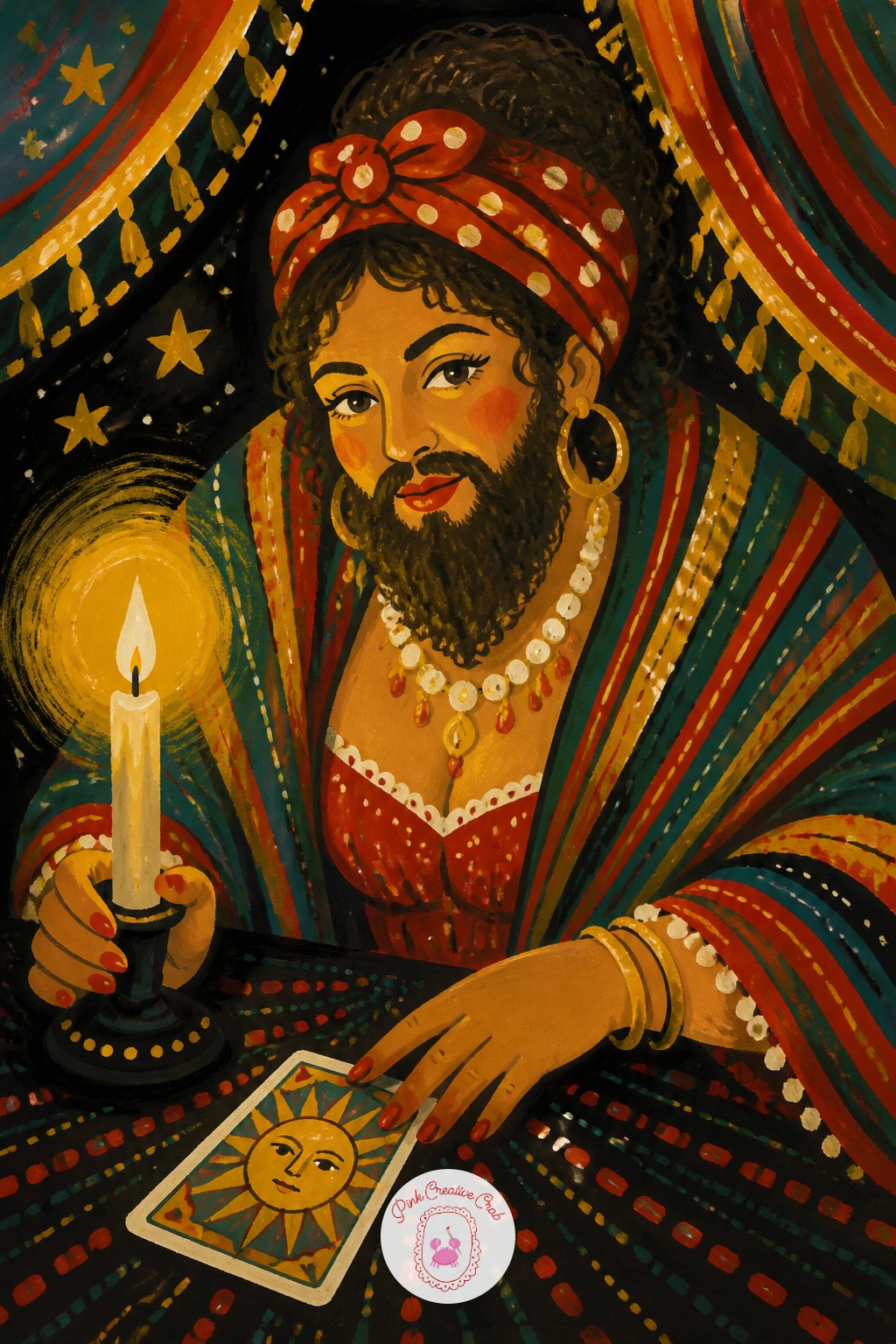 Bearded Lady Reading Fortunes By Candlelight — Keep the candle as the single light source and commit to it fully: everything closer to the flame gets warmer