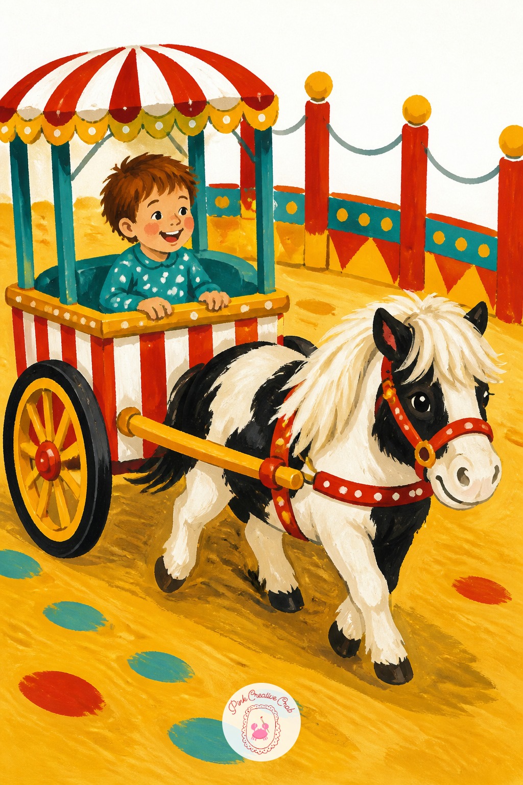 Miniature Pony Pulling A Child's Painted Cart Ride — Keep the pony noticeably smaller than the full-grown pony from the earlier wagon idea, close to pony-sized