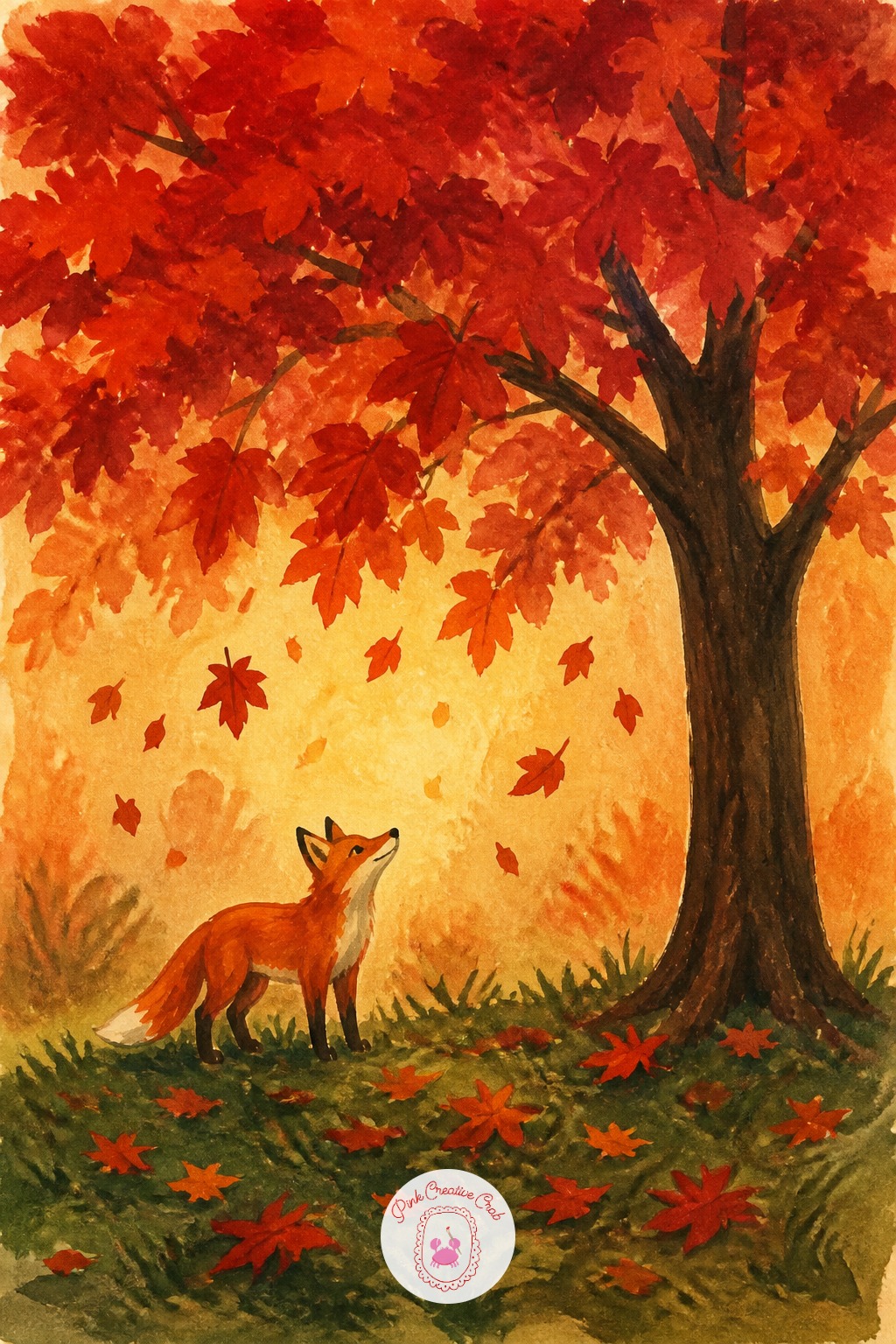 Fox Under a Red Maple — Measure the fox against the tree trunk before you paint either one: a fox standing is roughly as tall as the trunk is wide at its base