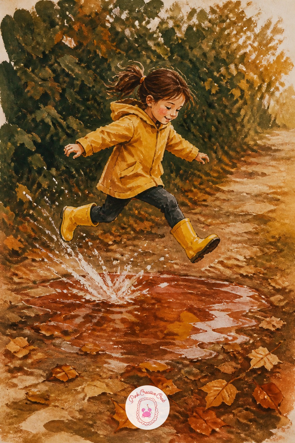Girl Jumping a Puddle — Start with a cheap flat brush and block the puddle first as one loose rust-brown shape on the ground, before the girl exists at all.