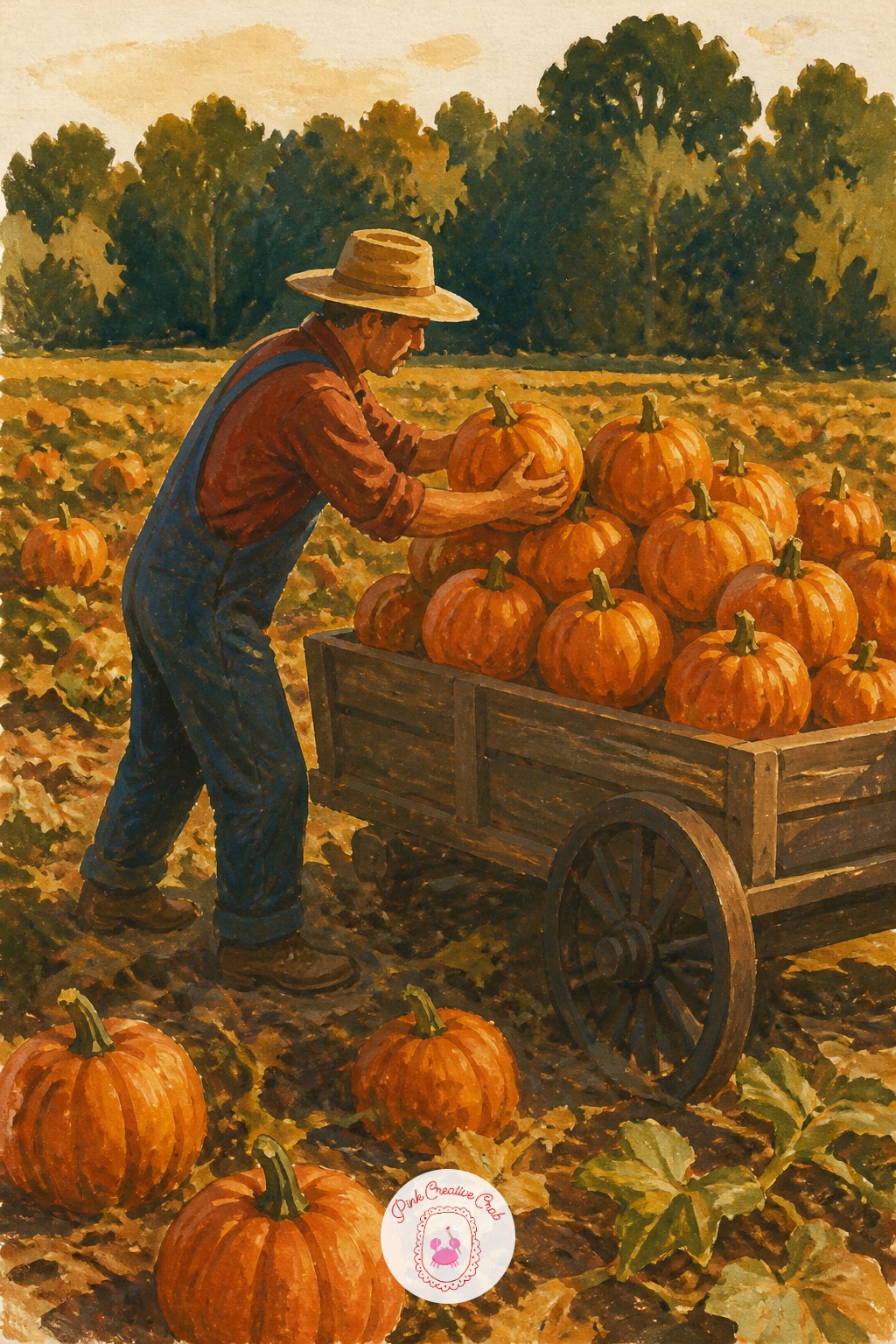 Farmer Stacking Pumpkins on a Cart — Light this one from one side only, low and warm, the way late afternoon sun comes in across a field. Autumn sketchbook