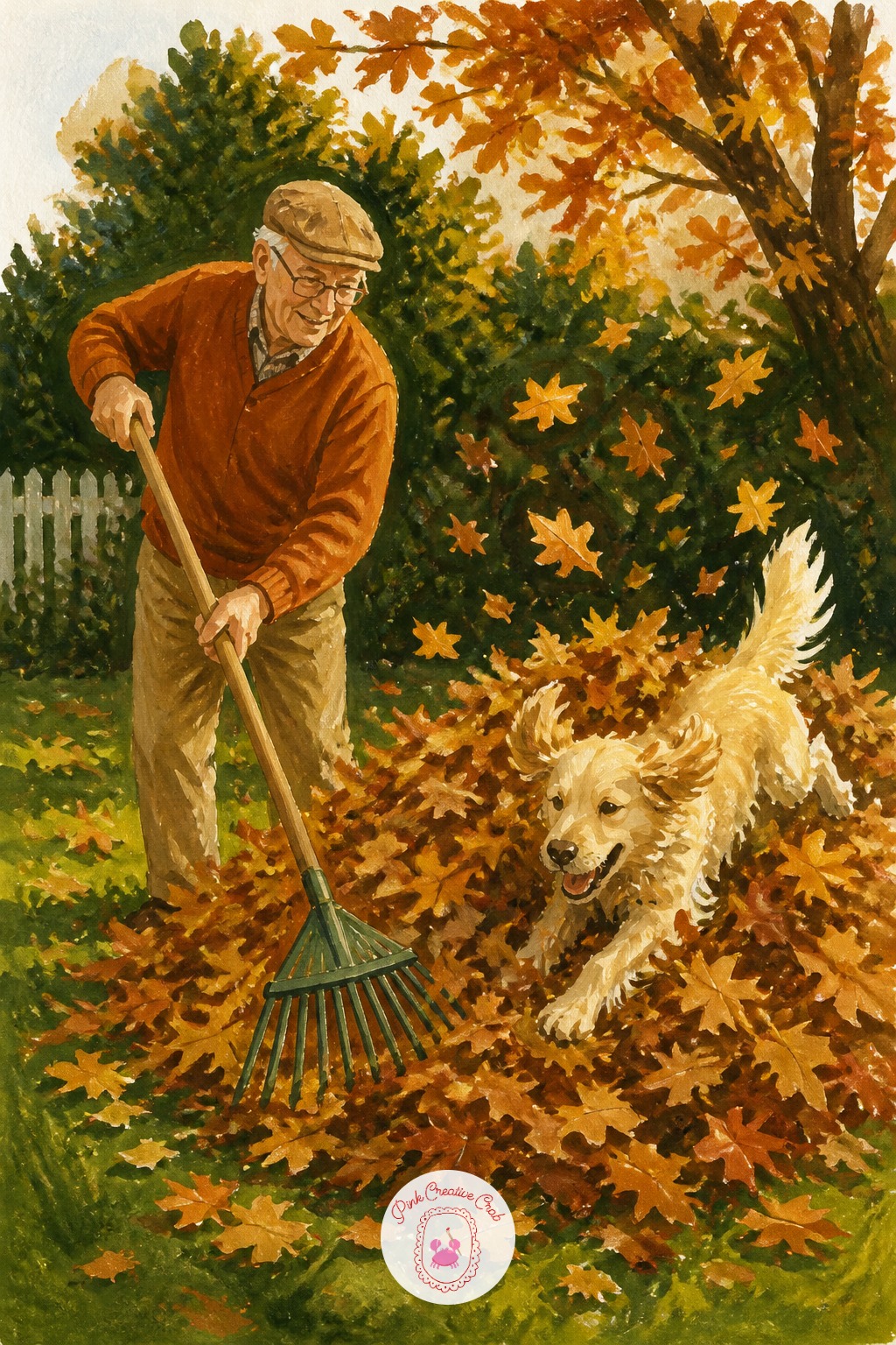 Grandpa Raking Leaves With His Dog — Dry brush does the real work on this one. Autumn sketchbook