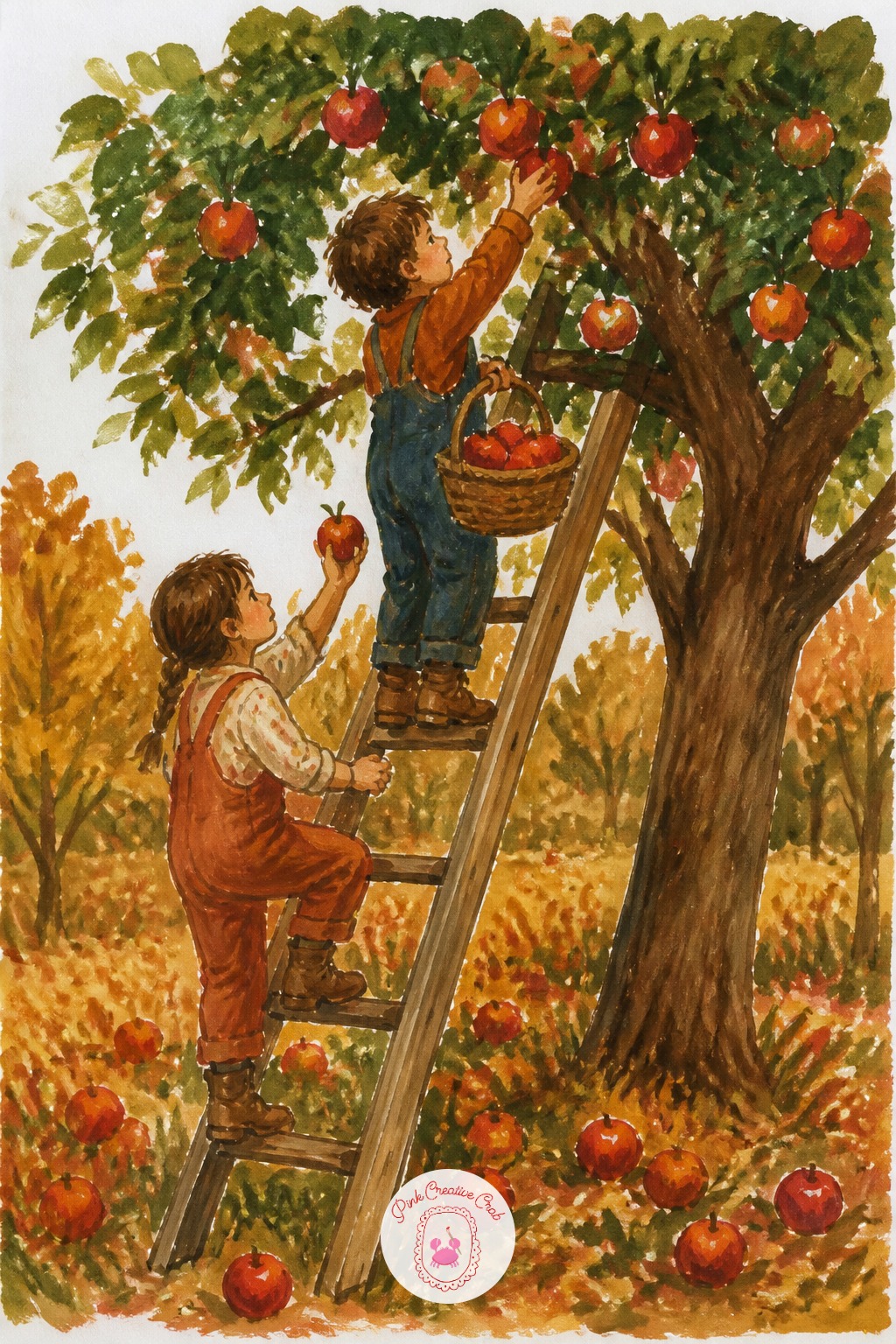 Kids Picking Apples From a Ladder — The usual mistake here is painting the ladder too upright and the kids too stiff on it, which flattens the whole scene.