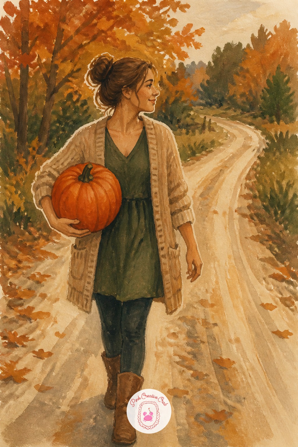 Woman Carrying a Pumpkin Home — Ten minutes gets you the woman's silhouette, the pumpkin held against her hip, and a flat wash of road beneath her feet. Autumn