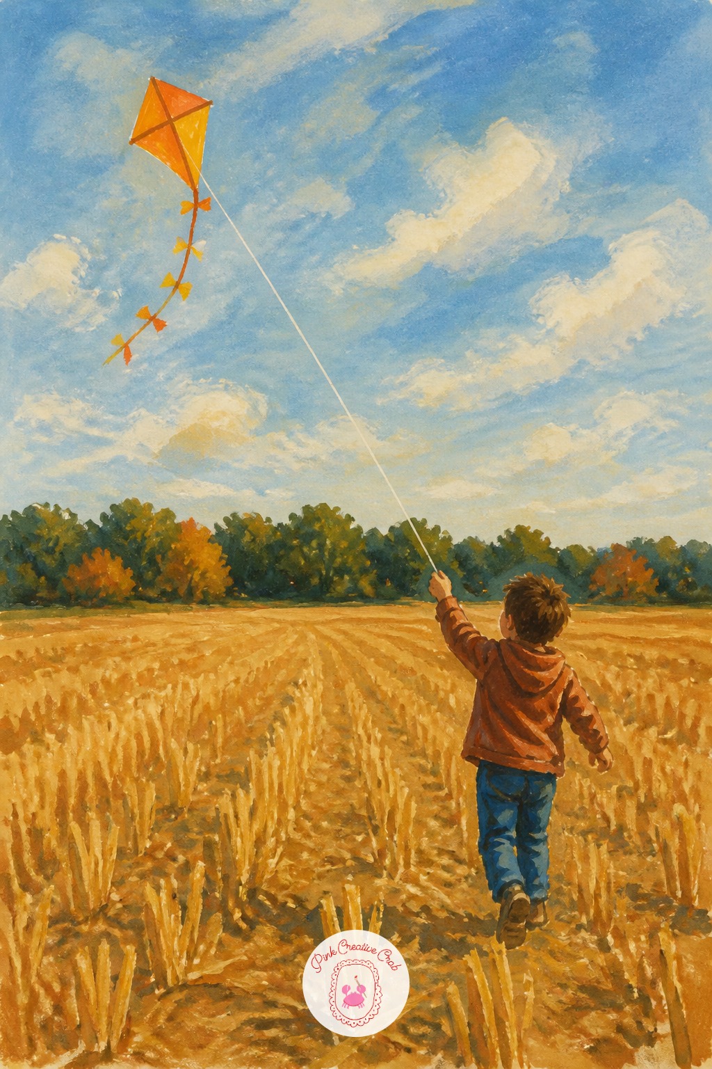 Boy Flying a Kite in a Stubble Field — Next time you paint this, change the wind direction. Autumn sketchbook