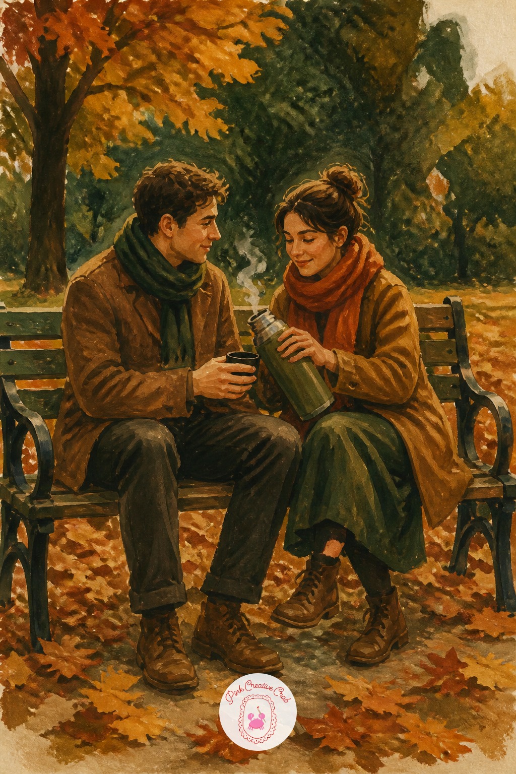 Couple Sharing a Thermos on a Bench — A round brush size 6 or 8 is the right tool here, not a fine liner brush, because the whole scene depends on soft warm