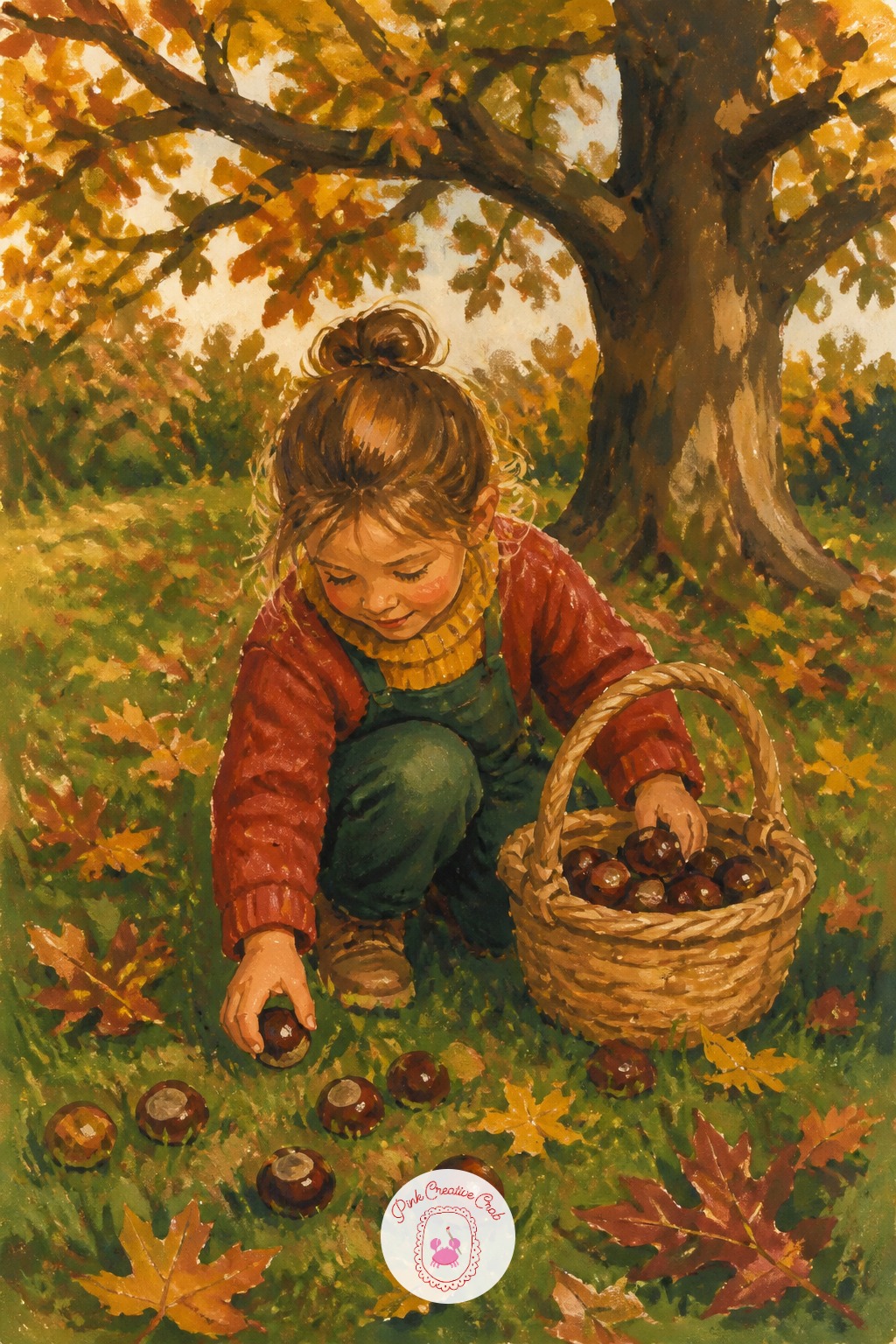 Child Collecting Conkers in a Basket — Measure the basket against the child kneeling: it should sit at roughly knee height when she crouches, which keeps her