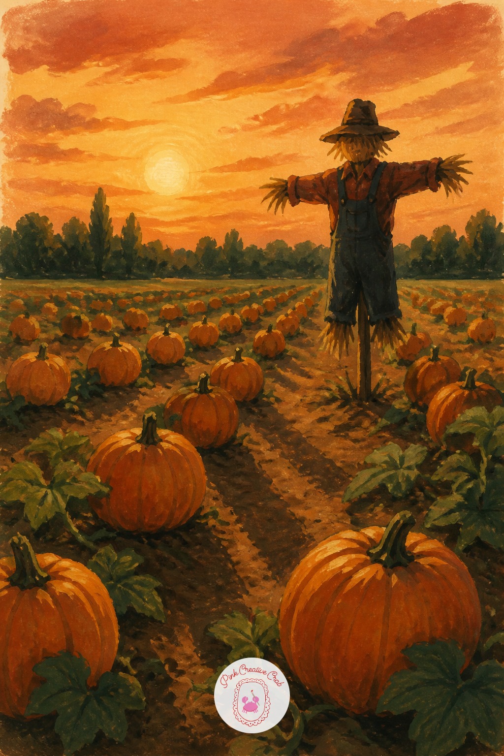 Scarecrow Watching Over a Pumpkin Patch — Light the scarecrow from low and behind, so its straw-stuffed arms throw long shadows across the pumpkin rows. Autumn