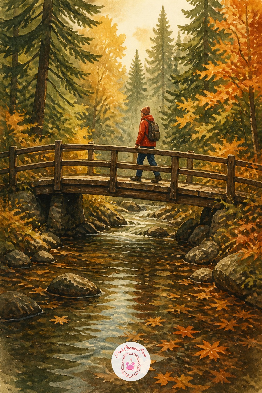Hiker Crossing a Wooden Footbridge — Painting water under a bridge trips people up because they paint it too calm. Autumn sketchbook