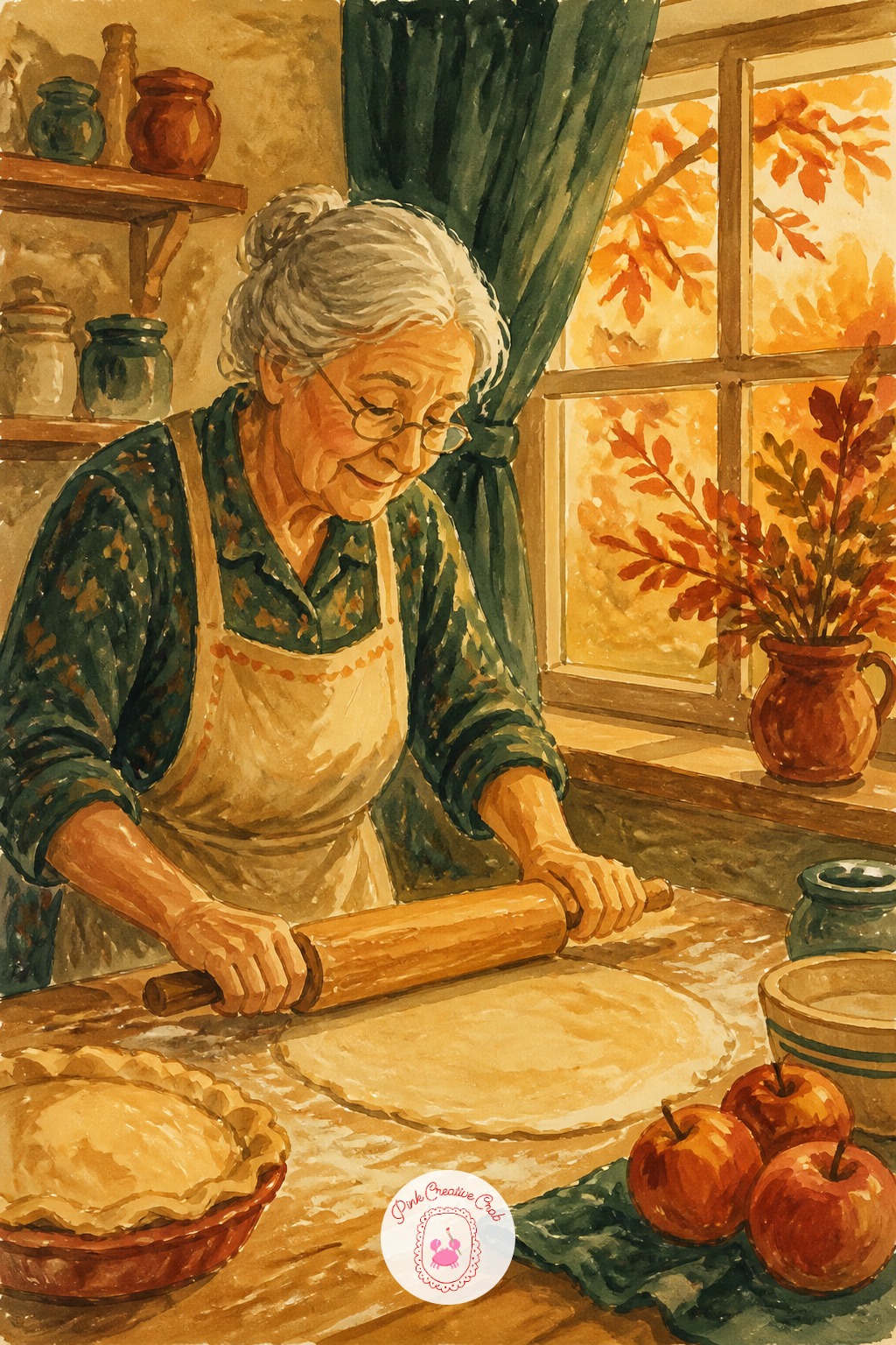 Grandmother Baking Pie by a Window — The window frame does double duty here: it is both a shape to paint and the single light source for the whole scene.